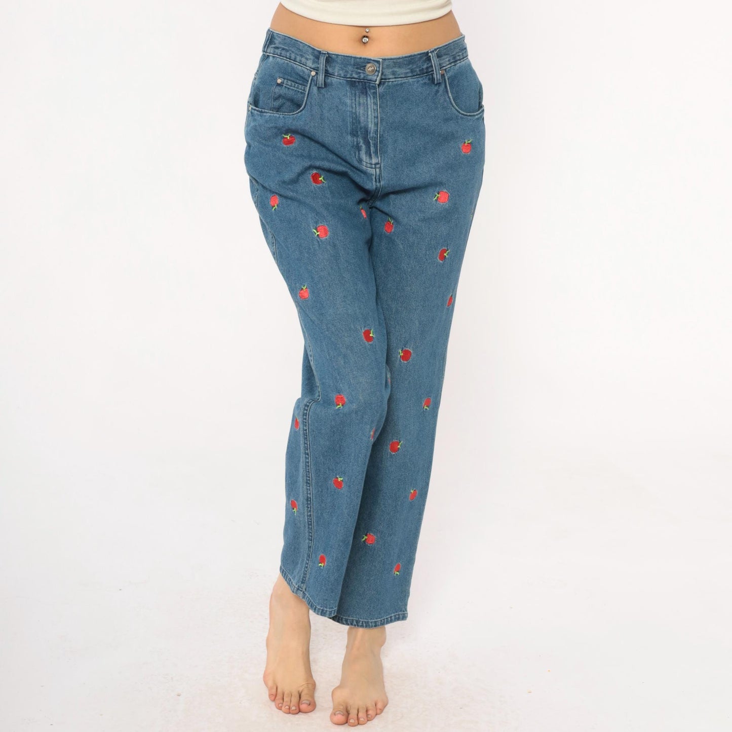 90s Breckenridge Petite Apple Embroidered Jeans Cropped High Waist Blue Small