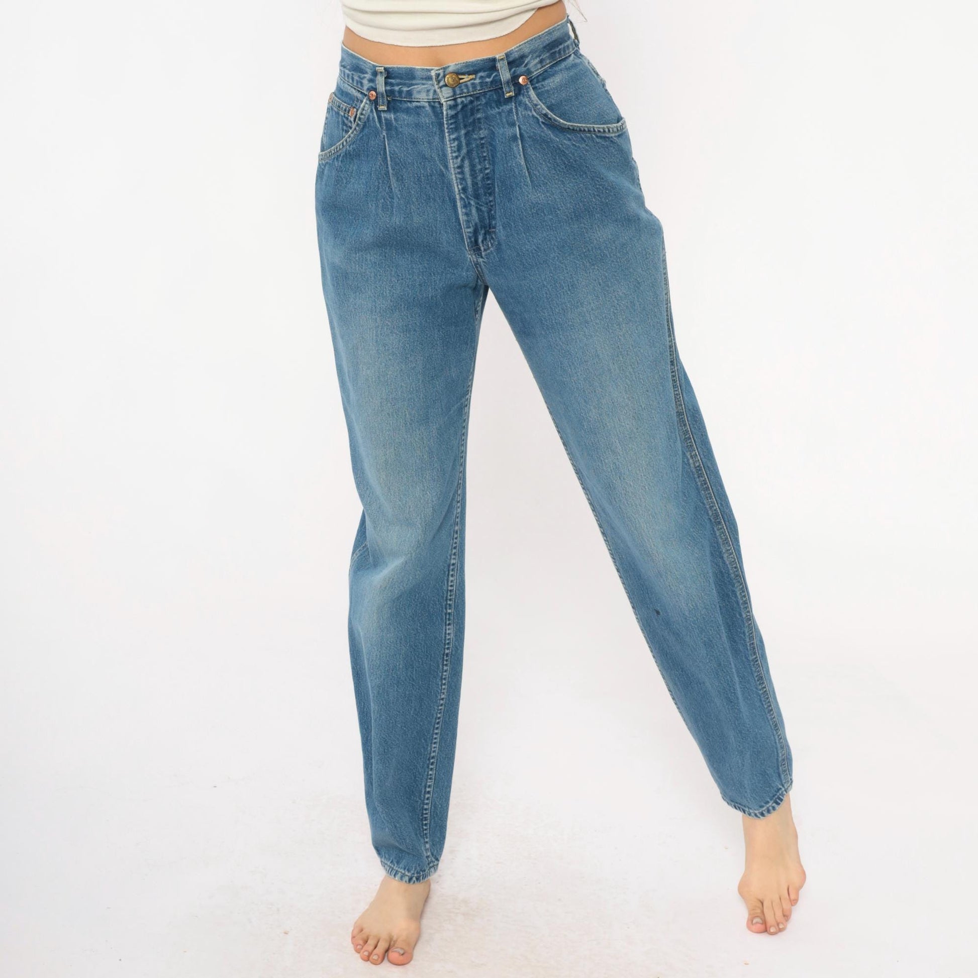 80s Lee High-Waist Denim Jeans Light Blue Tapered Small