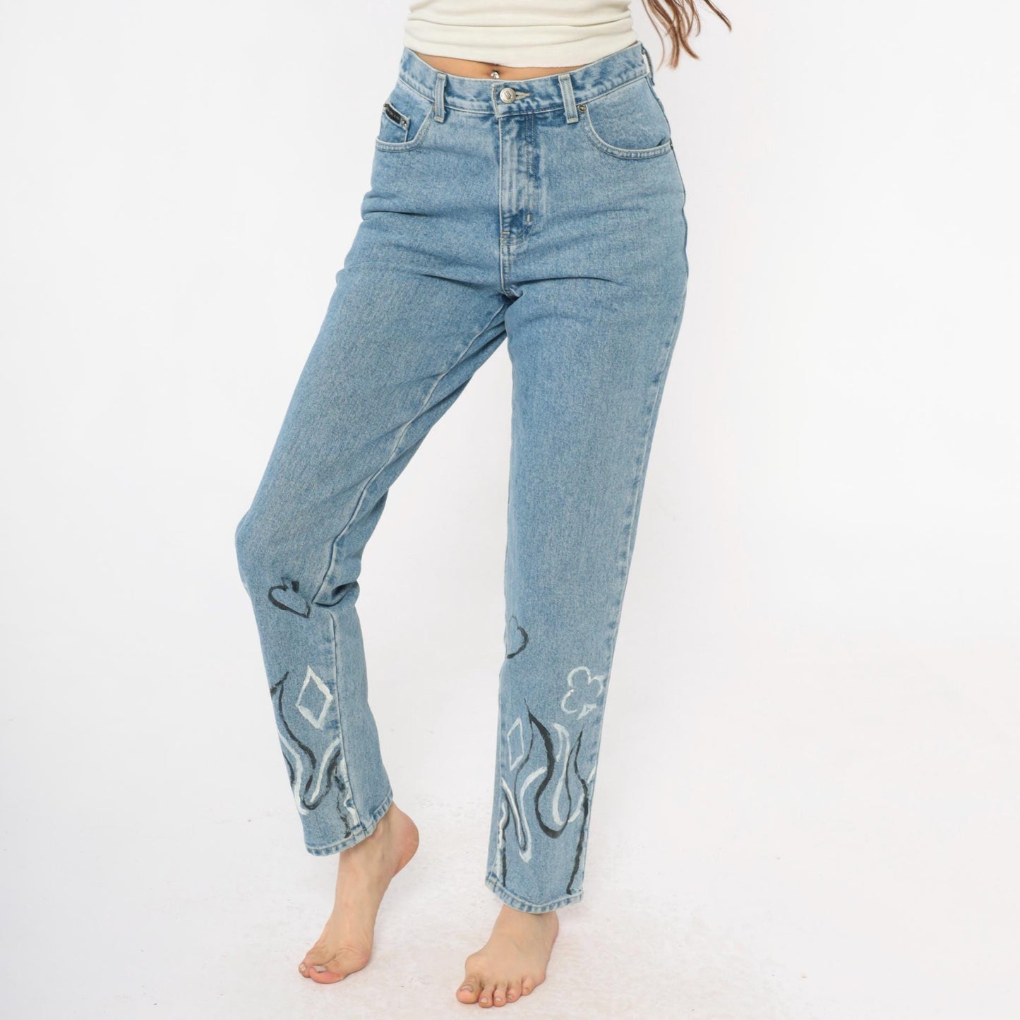 Y2K Light Wash Flame Painted Jeans High Waisted Straight Leg Size 6
