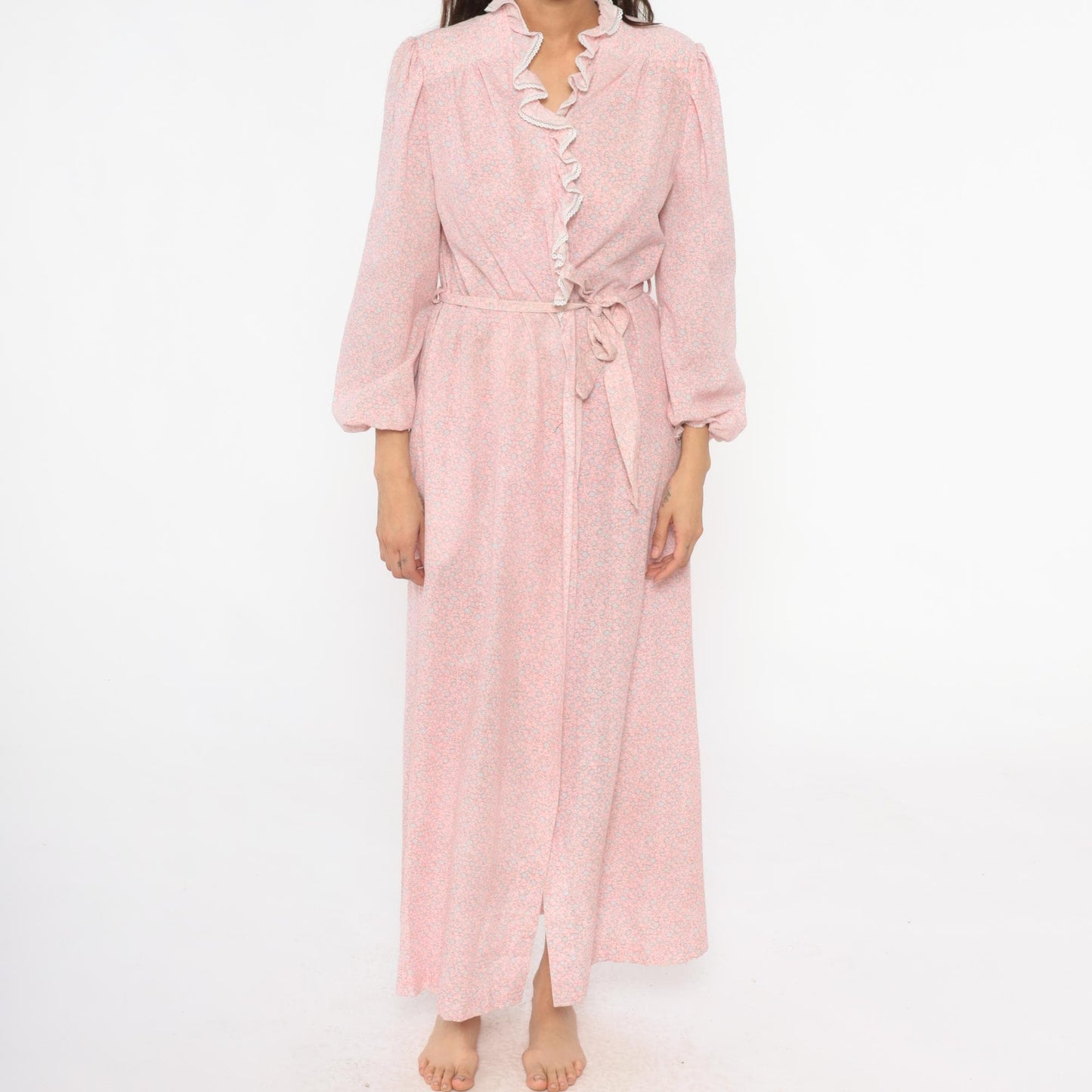 70s Pink Floral Wrap Robe Lace Trim Long Sleeve Nightgown Medium M
