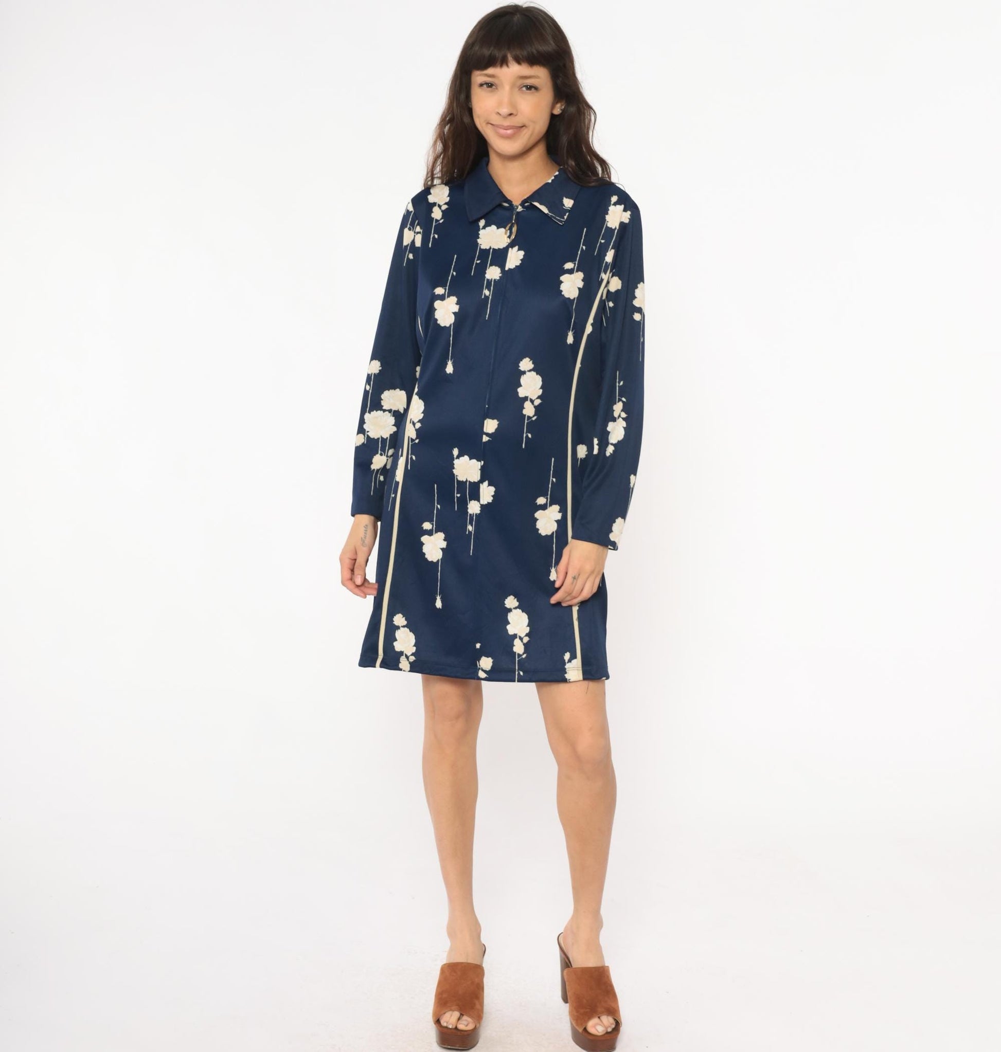 70s Lorac Floral Shirt Dress Dark Blue Cream Pointed Collar Knee Length Medium
