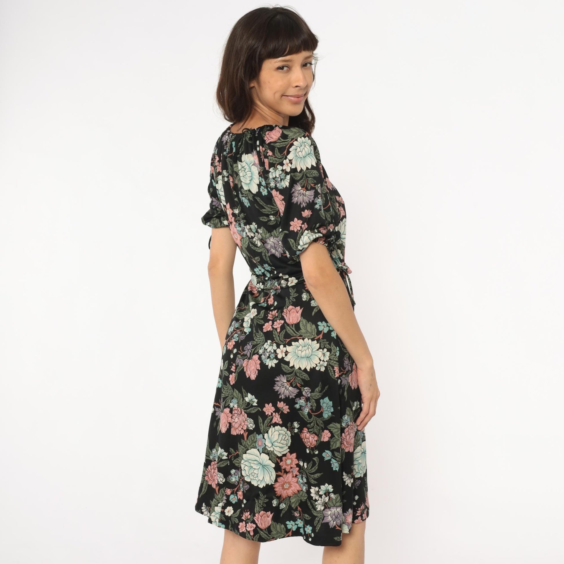 70s Black Floral Midi Dress Mint Pink Coral Tie Sleeve Small