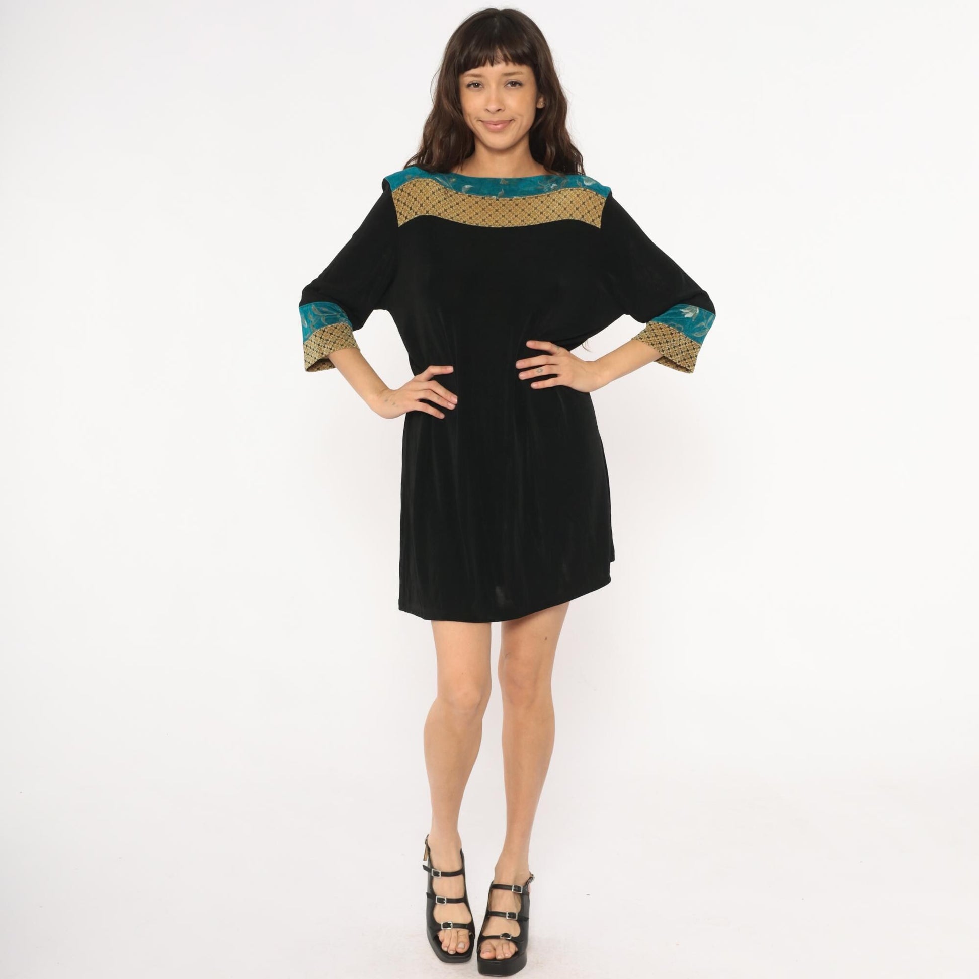 90s Vikki Vi Mini Dress Black Teal Floral Gold Colorblock Large L