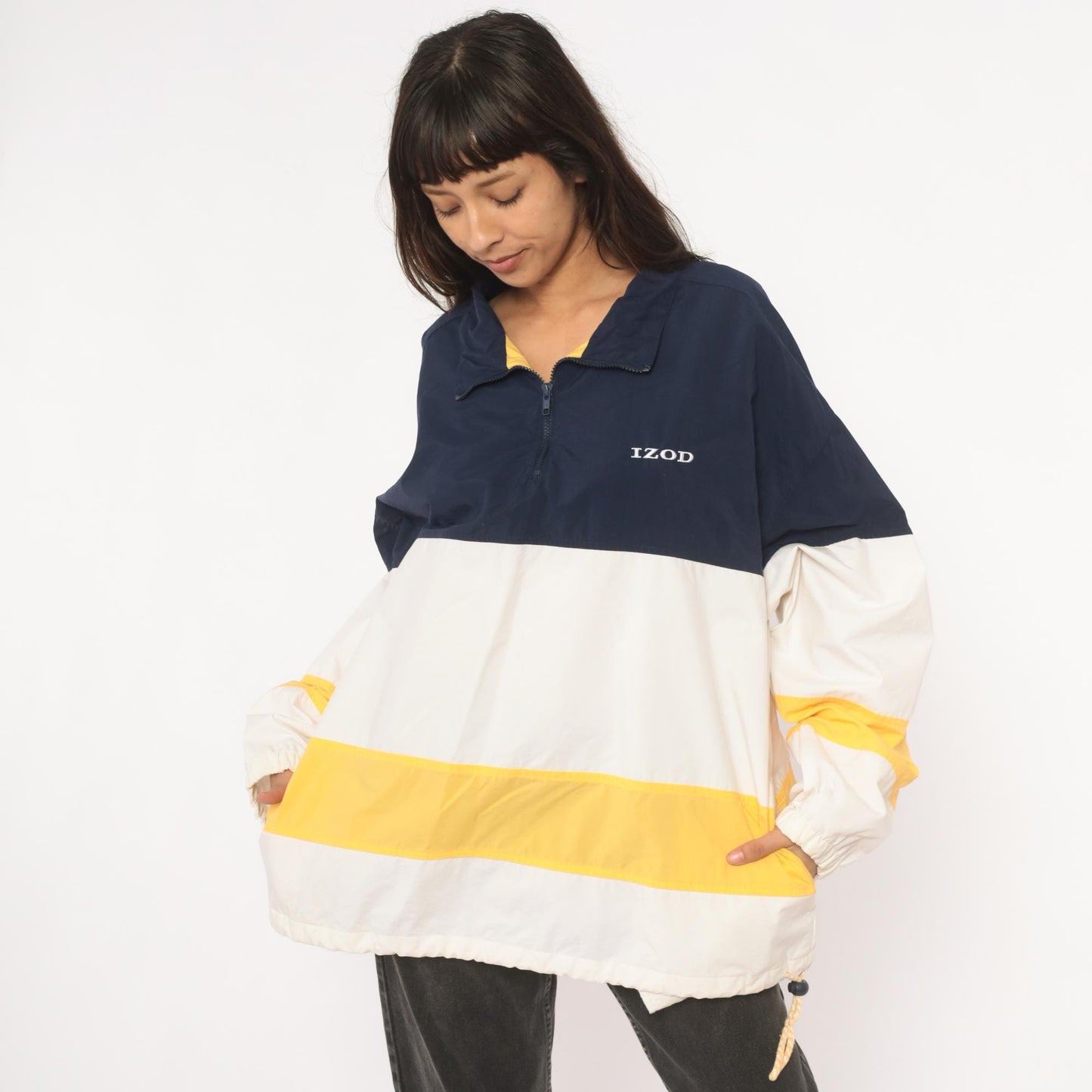 90s Izod Windbreaker Navy White Gold Color Block Half Zip Pullover Large L