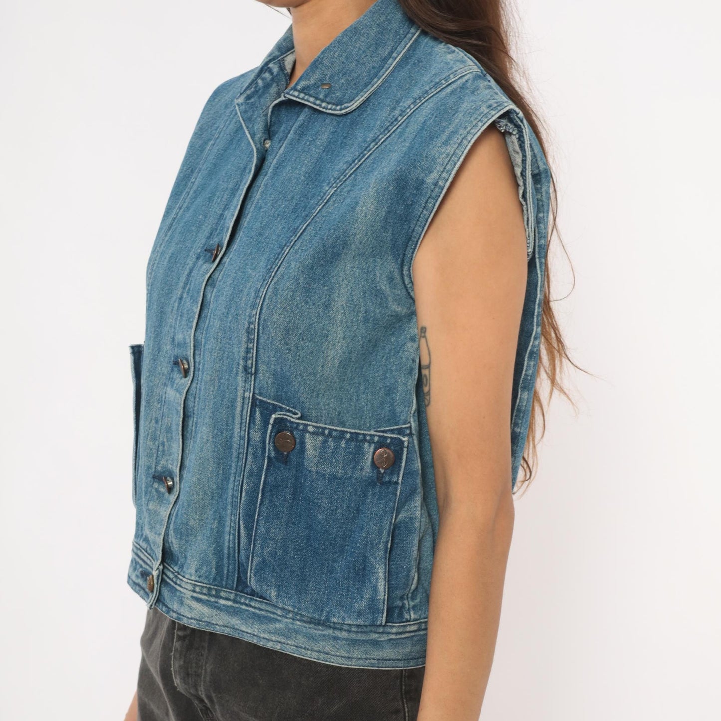 80s Mais Oui Denim Vest Pointed Collar Crop Blue Medium M