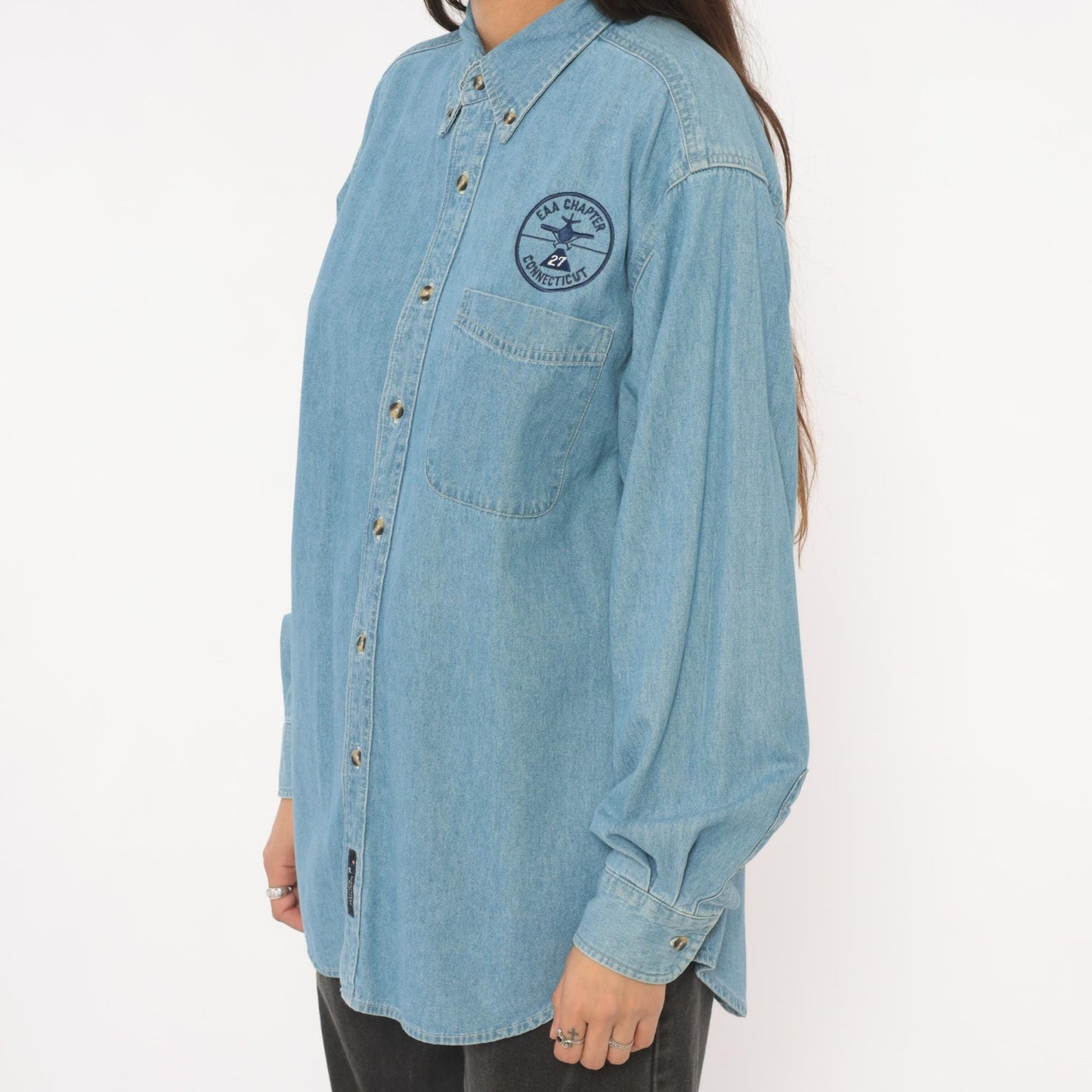 2000s Port and Company Aviation Patch Denim Shirt Light Wash Blue Medium M