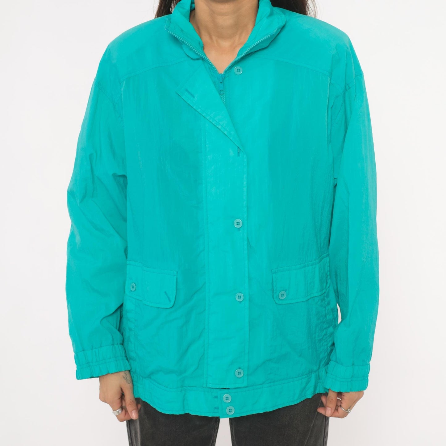 90s Koret Francisca Teal Windbreaker Jacket Raglan Snap Placket Large L