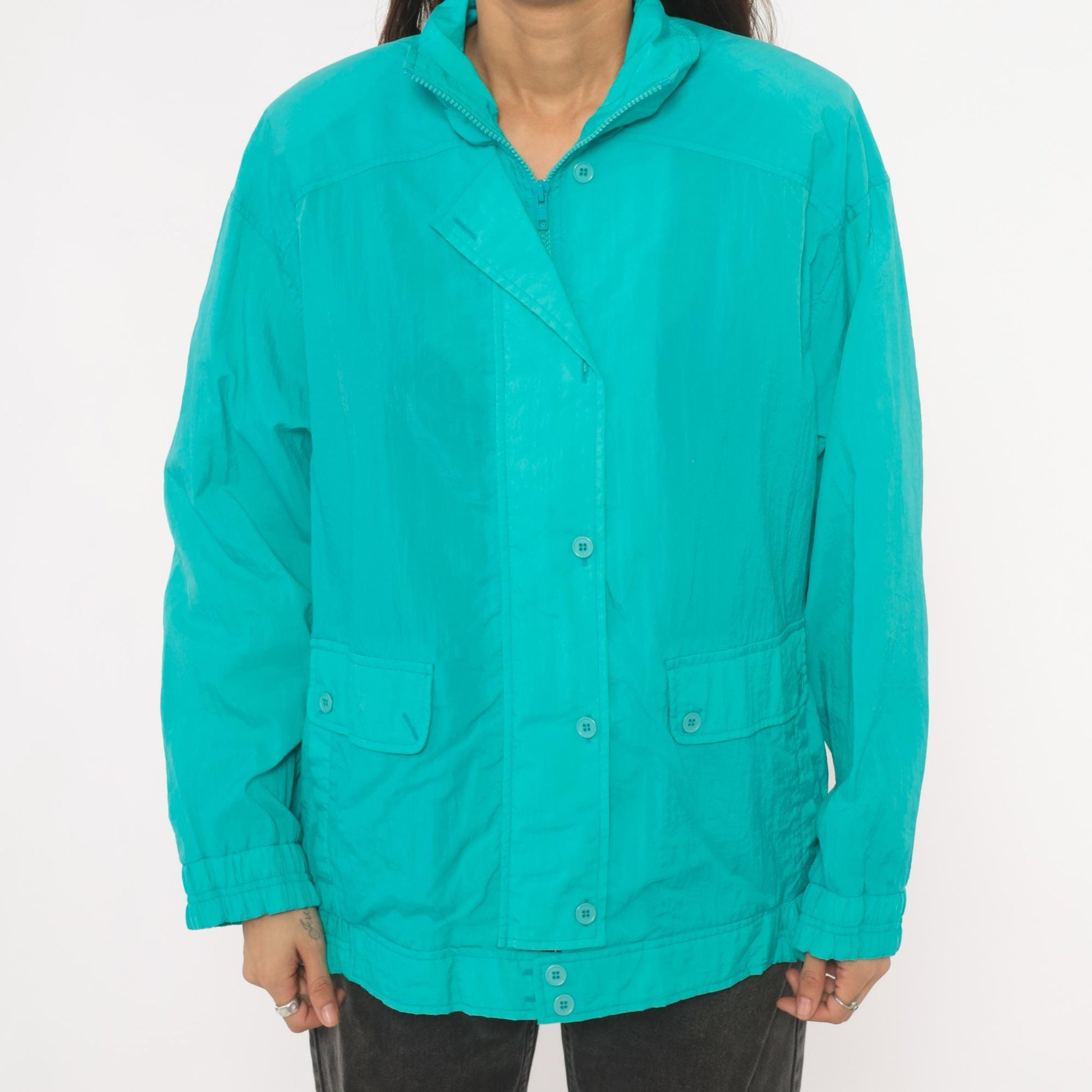 90s Koret Francisca Teal Windbreaker Jacket Raglan Snap Placket Large L
