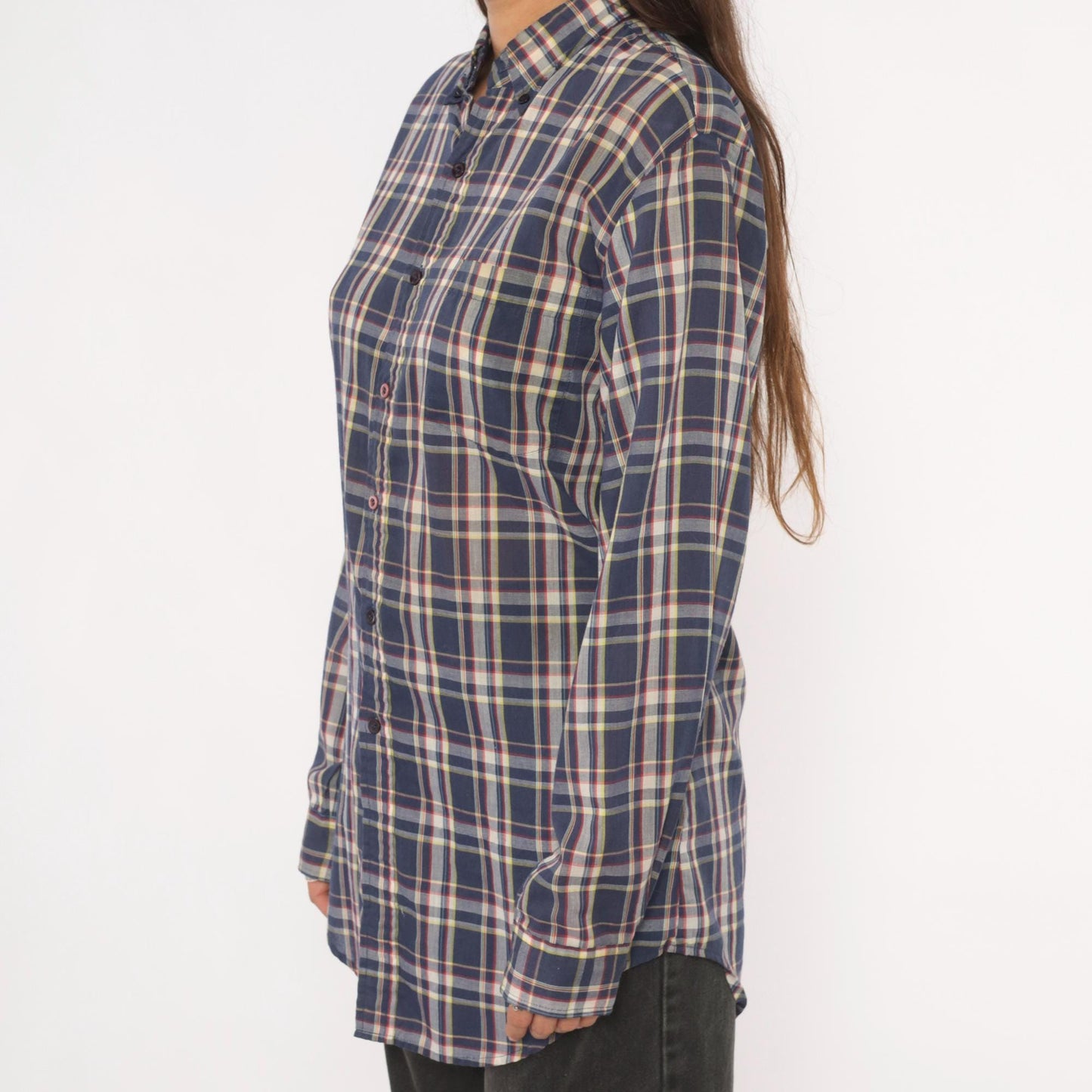 80s Men's Store Plaid Flannel Shirt Navy Blue Red Check Button Front Medium