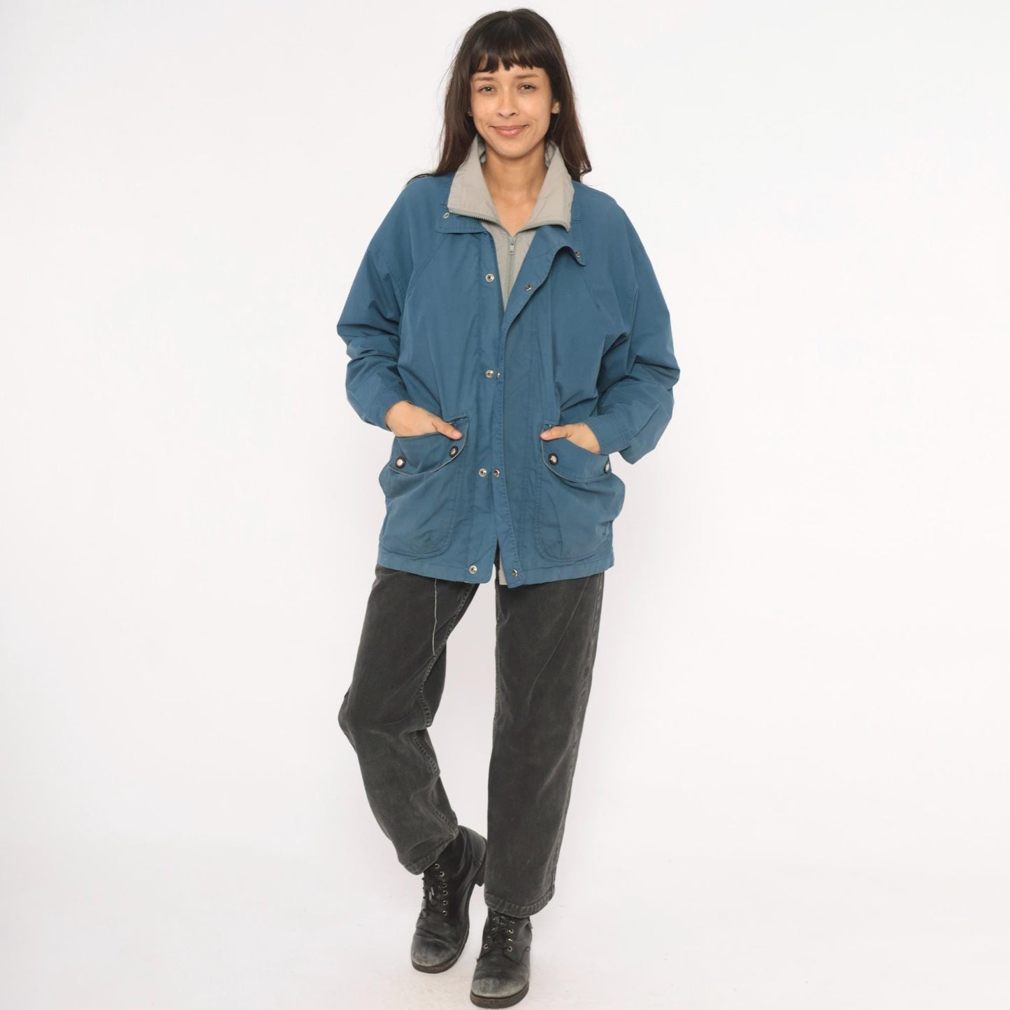 80s Whitefish Bay Slate Blue Field Jacket Grey Lined Utility Coat Small S