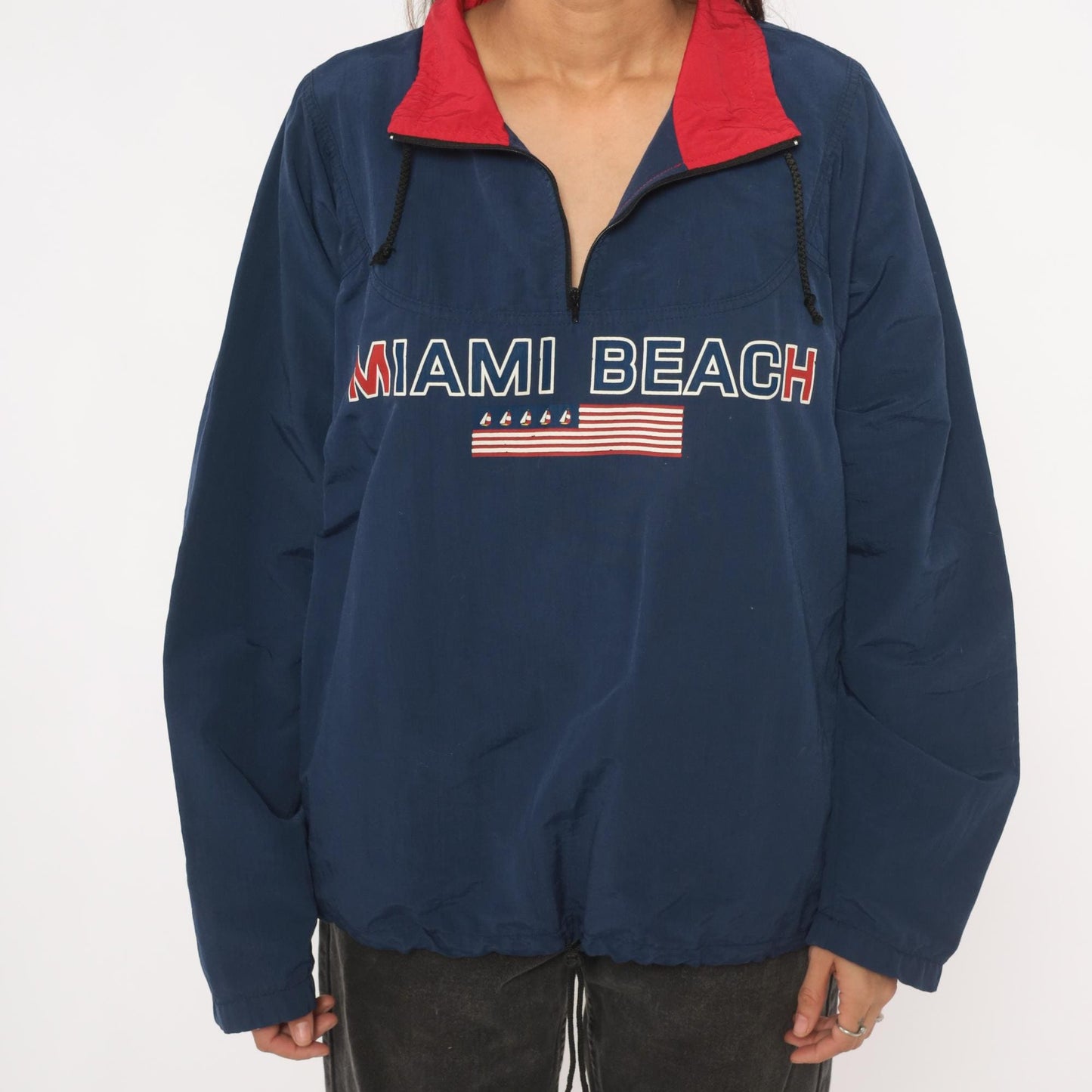 90s Uzzi Miami Beach Windbreaker Navy Half-Zip Nylon Jacket Red Collar Small