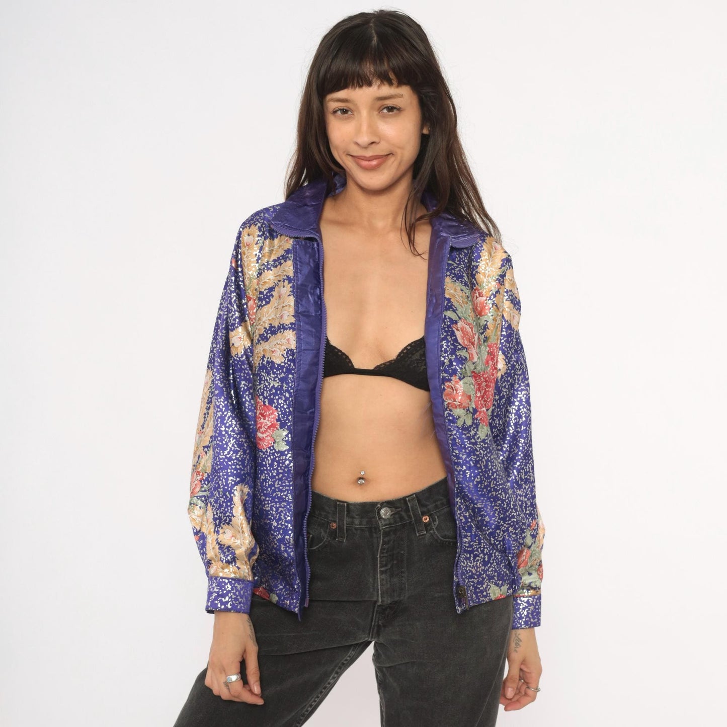 90s GDT Too Floral Metallic Bomber Jacket Purple Gold Reversible Satin Small Medium