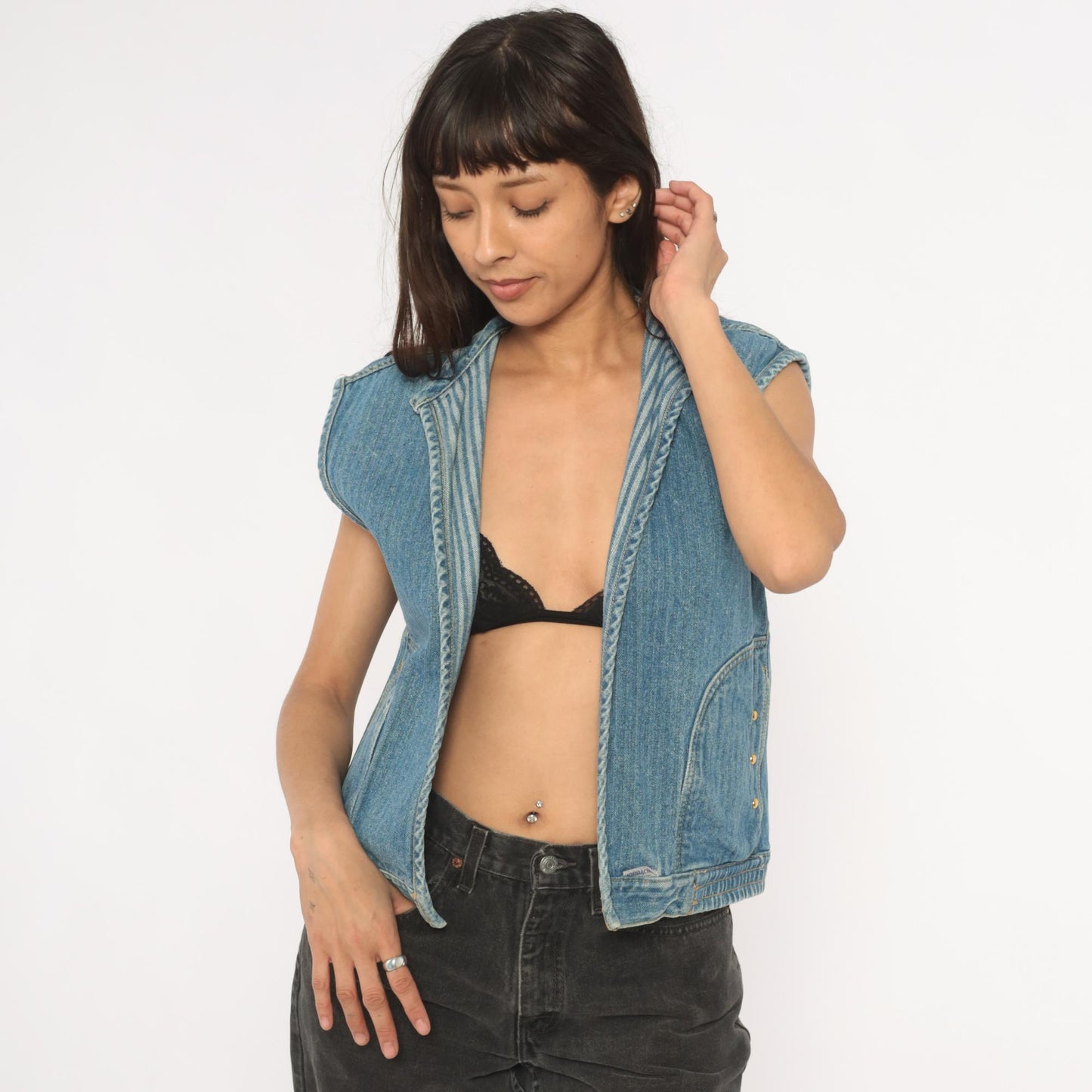 90s Jordache Reversible Denim Vest Pinstripe Blue White Mandarin Collar Small S