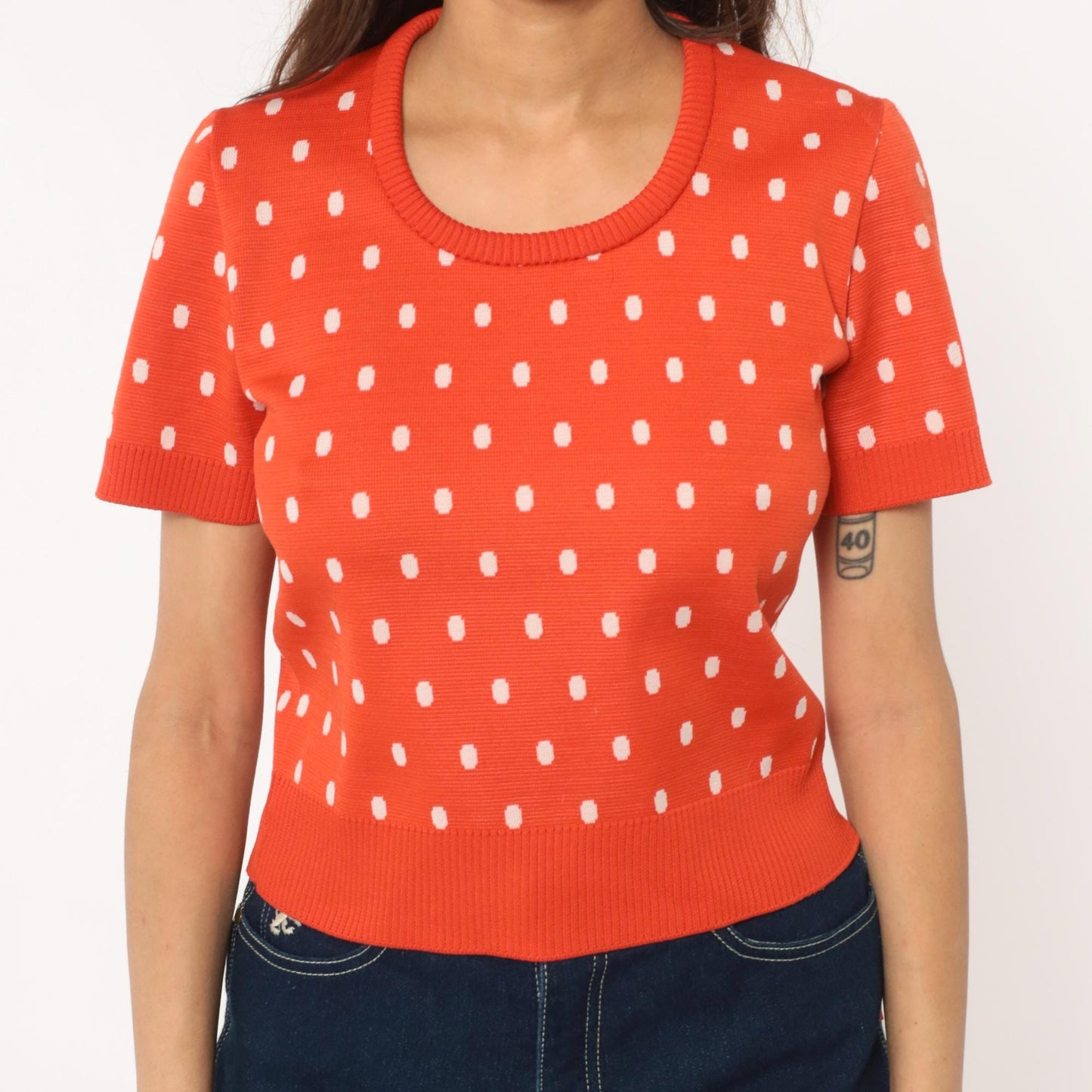 70s Coral Polka Dot Sweater Top Short Sleeve Cropped Knit Zip Back Medium