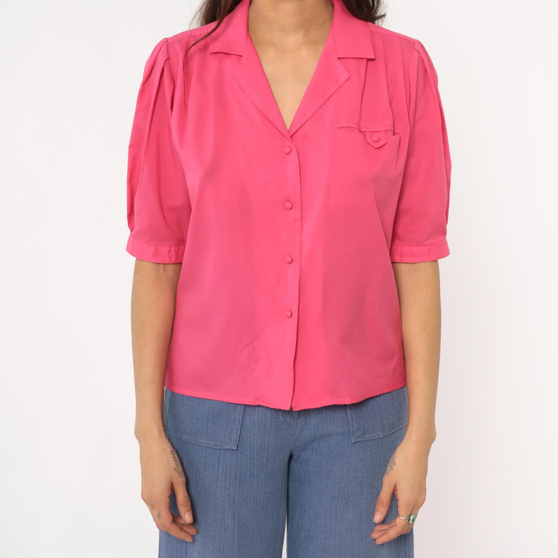 80s Hot Pink Josephine Blouse Puff Sleeve Button Front Power Dressing Medium