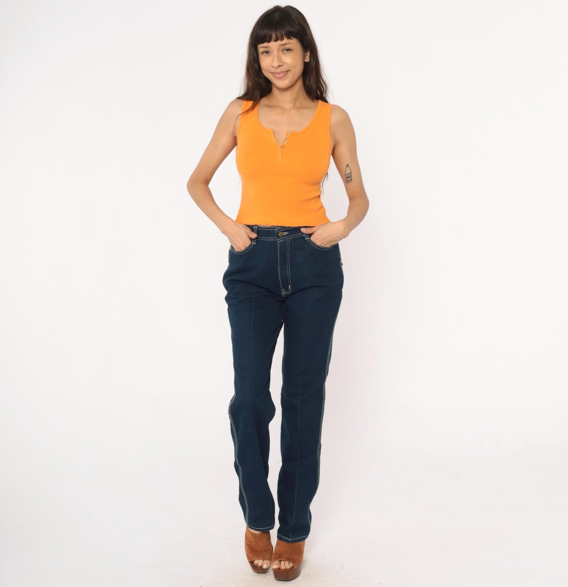Y2K Orange Ribbed Crop Tank Top Button Front Lettuce Edge Medium M