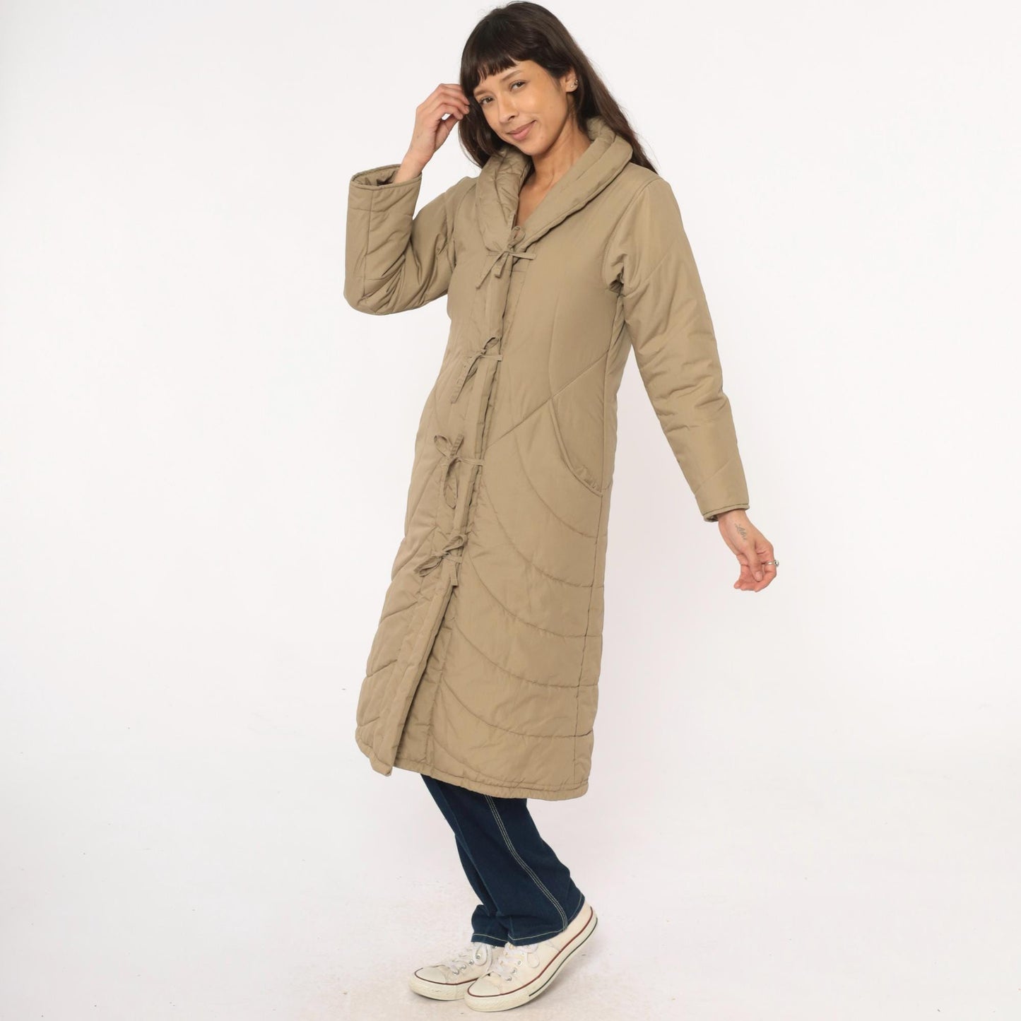 80s Tan Quilted Parka Jacket Chevron Shawl Collar Tie Front Duster Extra Small XS