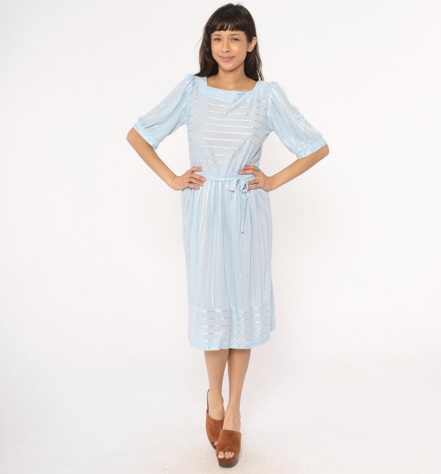 80s Baby Blue Striped Midi Dress Puff Sleeve Boat Neck Cotton Medium