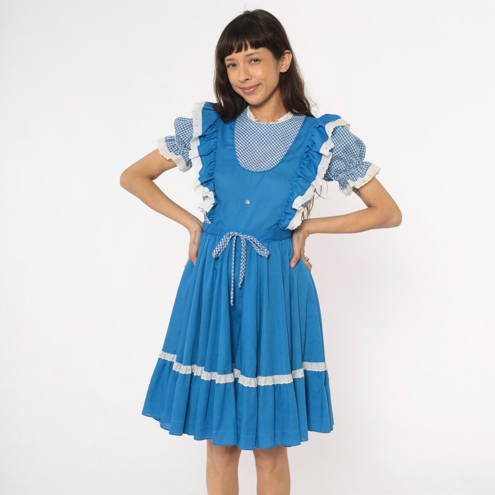 80s Jeri Bee Blue Gingham Pinafore Dress Eyelet Lace Puff Sleeve Small Medium