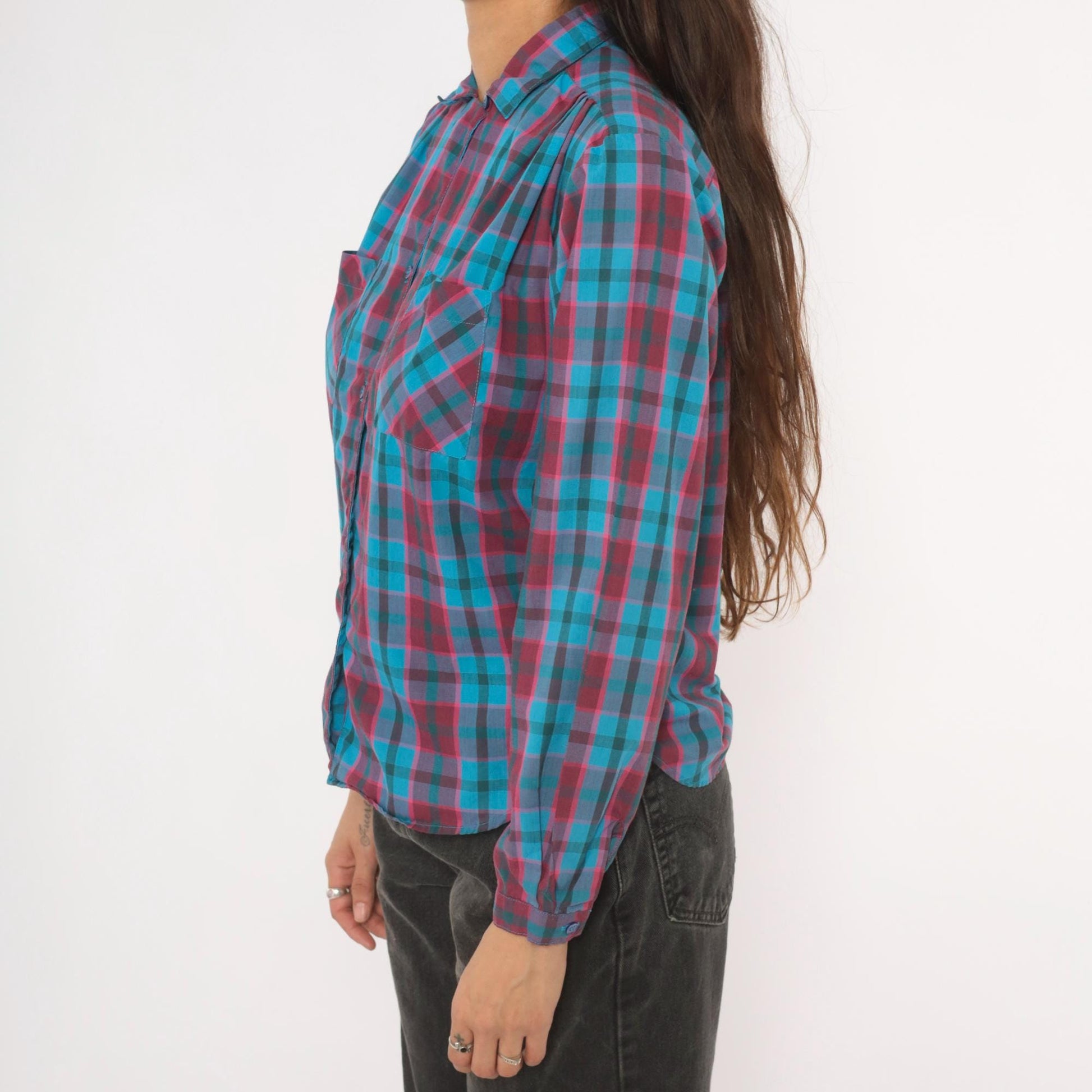 80s Quality Fashion Plaid Button-Up Blouse Teal Magenta Check Pointed Collar Large L