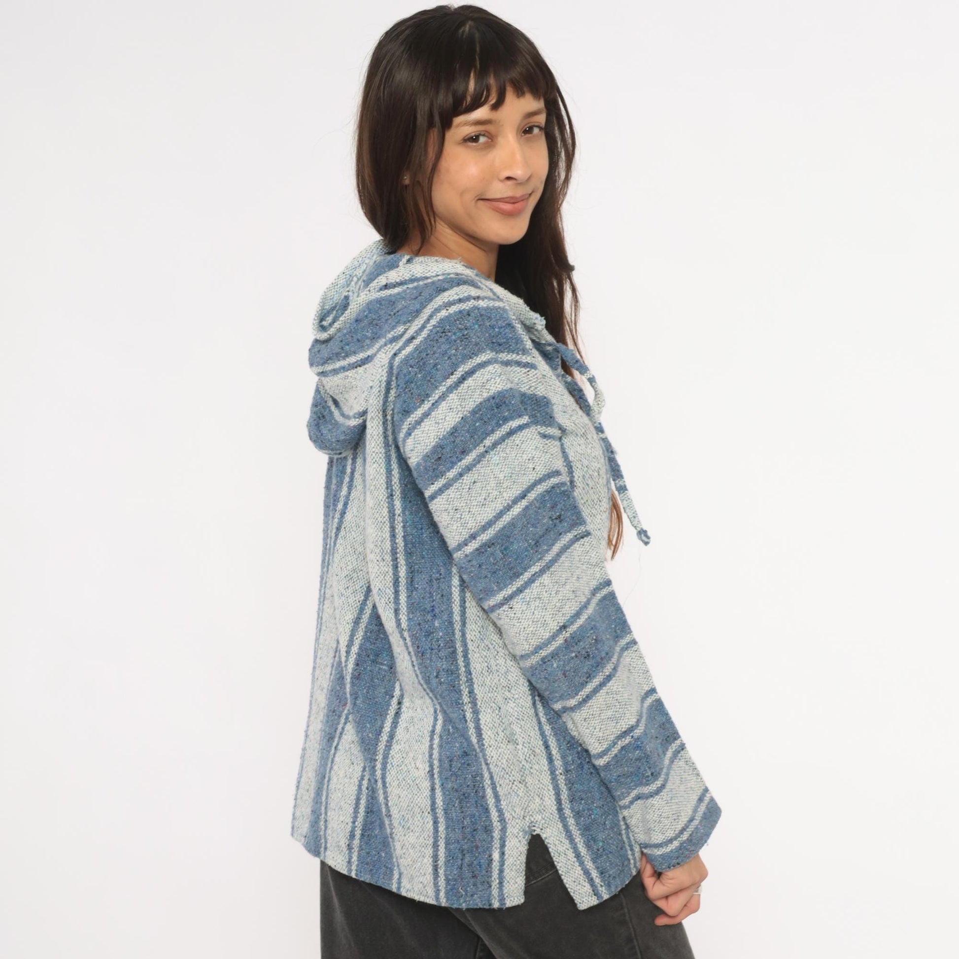 2000s Yarina Threads Blue Striped Baja Hoodie Woven Pullover Medium M