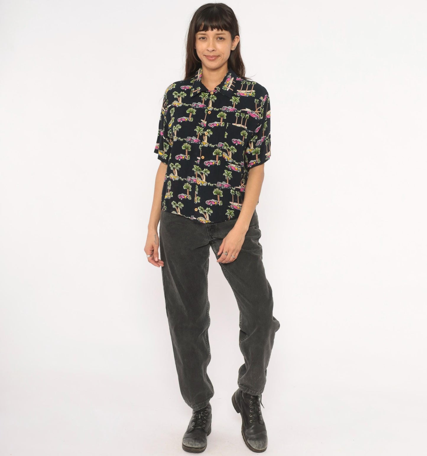 90s Classic Cars Hawaiian Shirt Black Pink Yellow Palm Tree Camp Collar XS