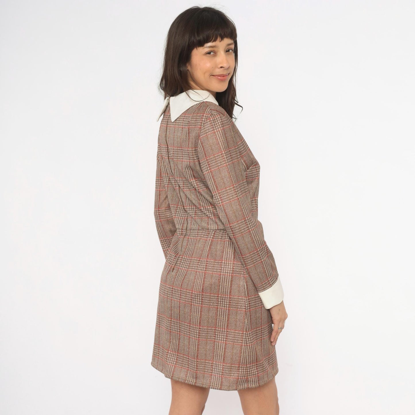 70s Glen Plaid Mini Dress Tan Rust Brown Pointed Collar Long Sleeve Medium M