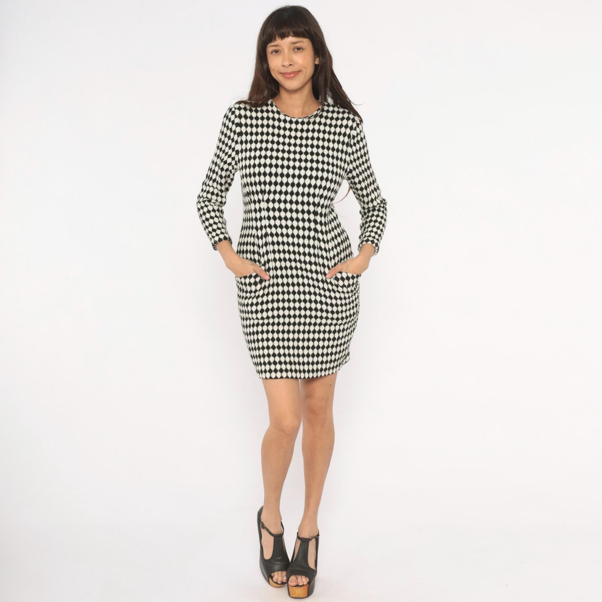 90s Jackie Bernard Checkerboard Mini Dress Black Cream Diamond Pattern Small S