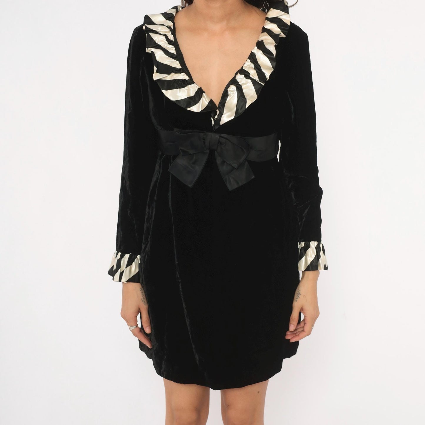 60s Andine Original Velvet Mini Dress Black Striped Ruffle Collar Small S
