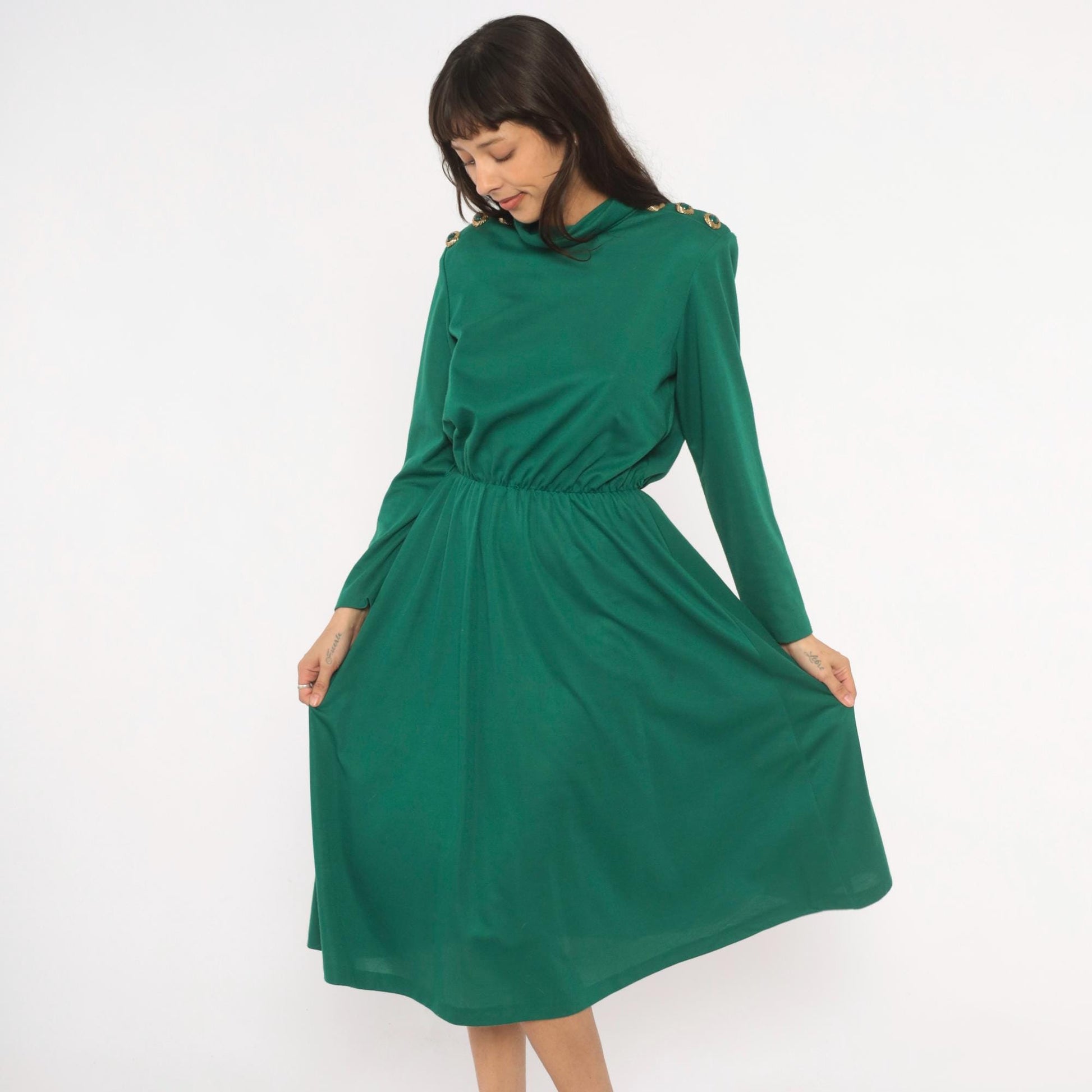 80s Impromptu Emerald Cowl Neck Midi Dress Gold Button Long Sleeve Large L