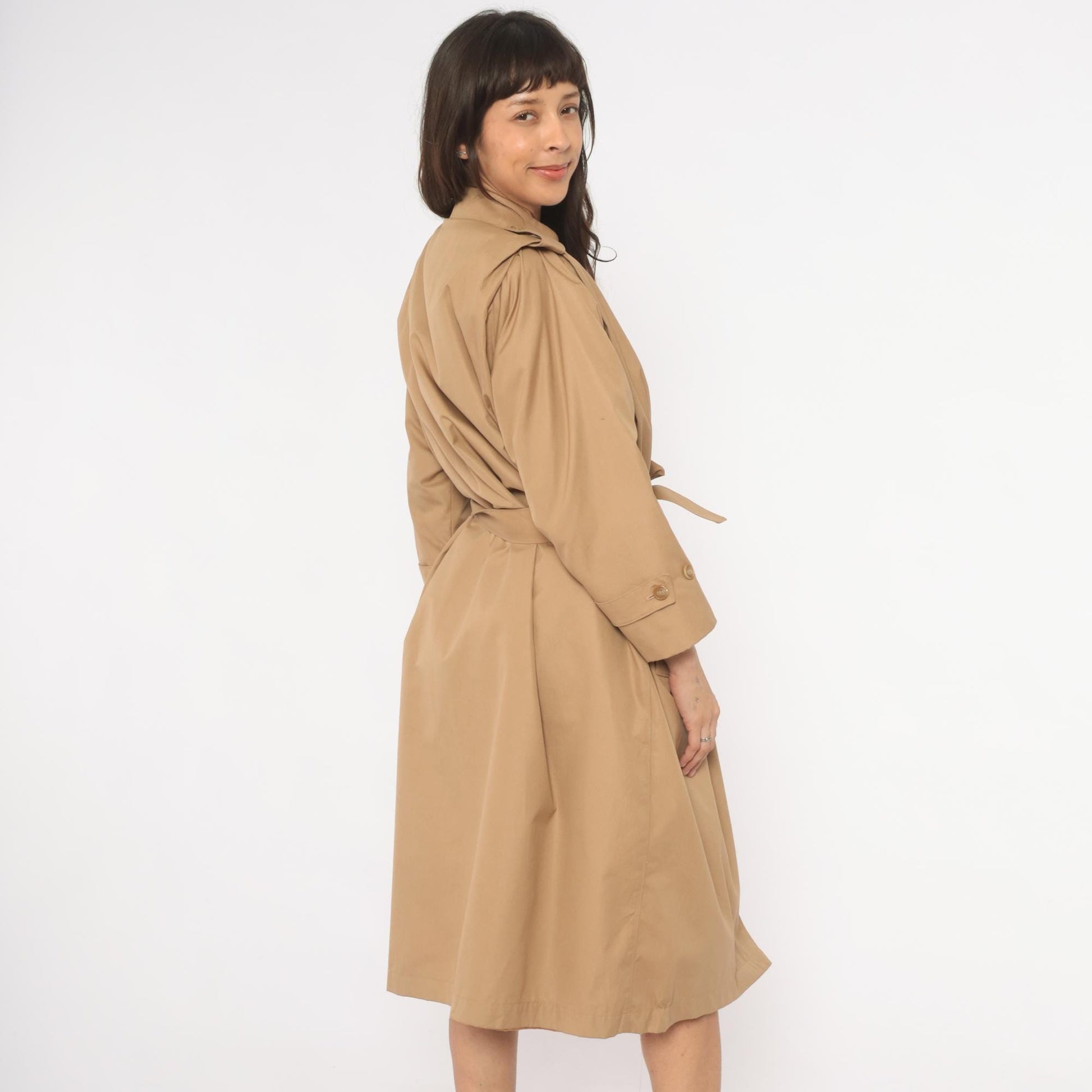 80s Tan Trench Coat Red Lined Button Front Epaulette Knee Length Large L