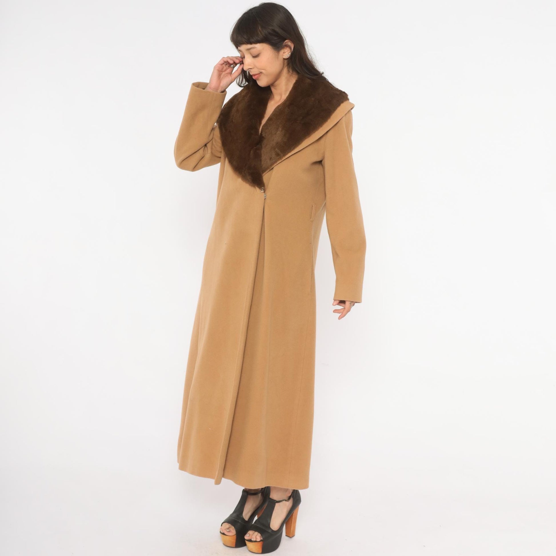 90s Spiegel Wool Cashmere Camel Coat Fur Collar Ankle Length Tan Medium M