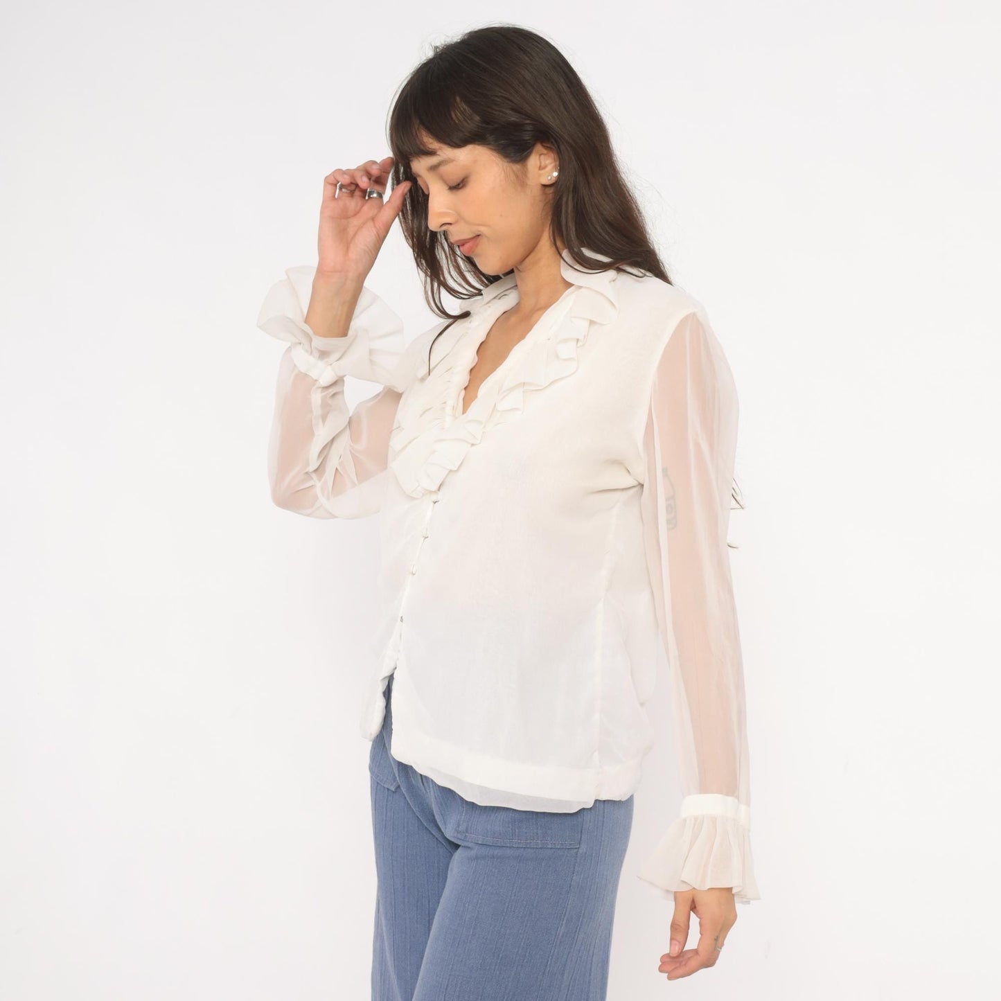 70s Gregory Ruffle Collar Blouse Ivory V-Neck Button Front Sheer Sleeve Medium