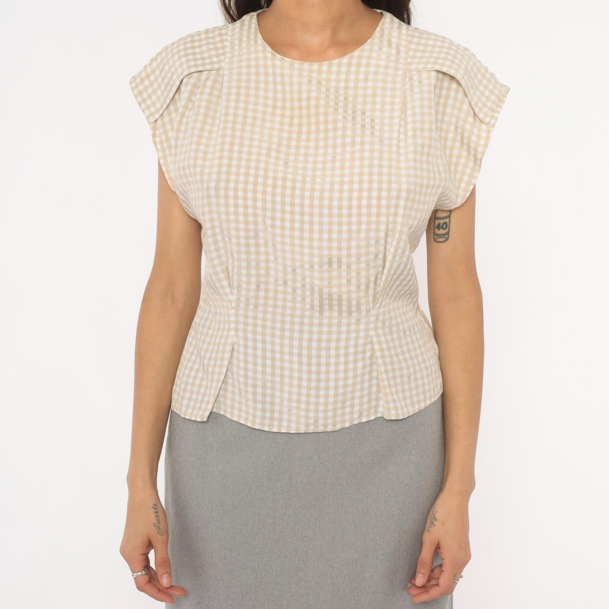 80s Componix Gingham Cap Sleeve Blouse Tan White Pintuck Peplum Medium