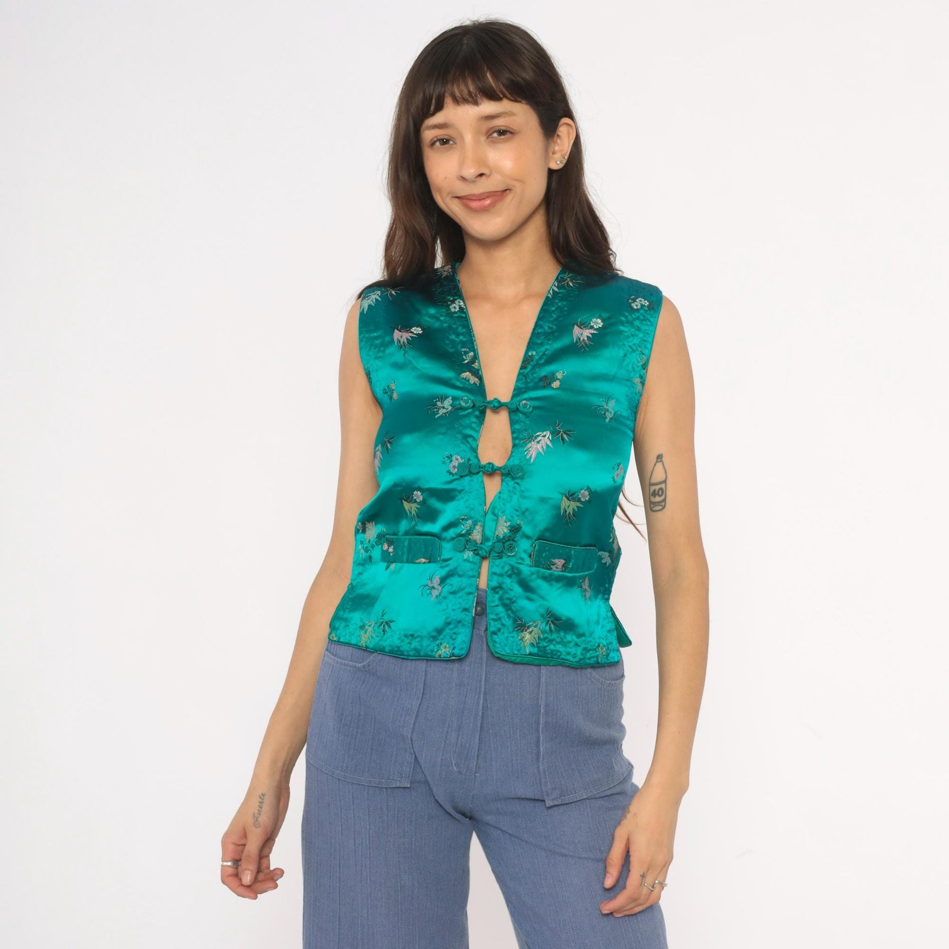80s Esme Teal Satin Brocade Vest Floral Embroidered Frog Button Sleeveless Extra Small