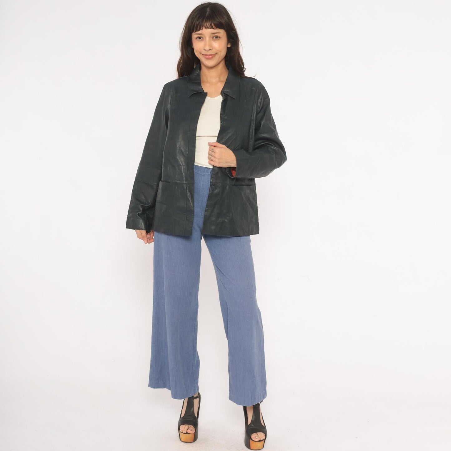 90s Katherine Kelly Black Lambskin Leather Jacket Button Front Large L