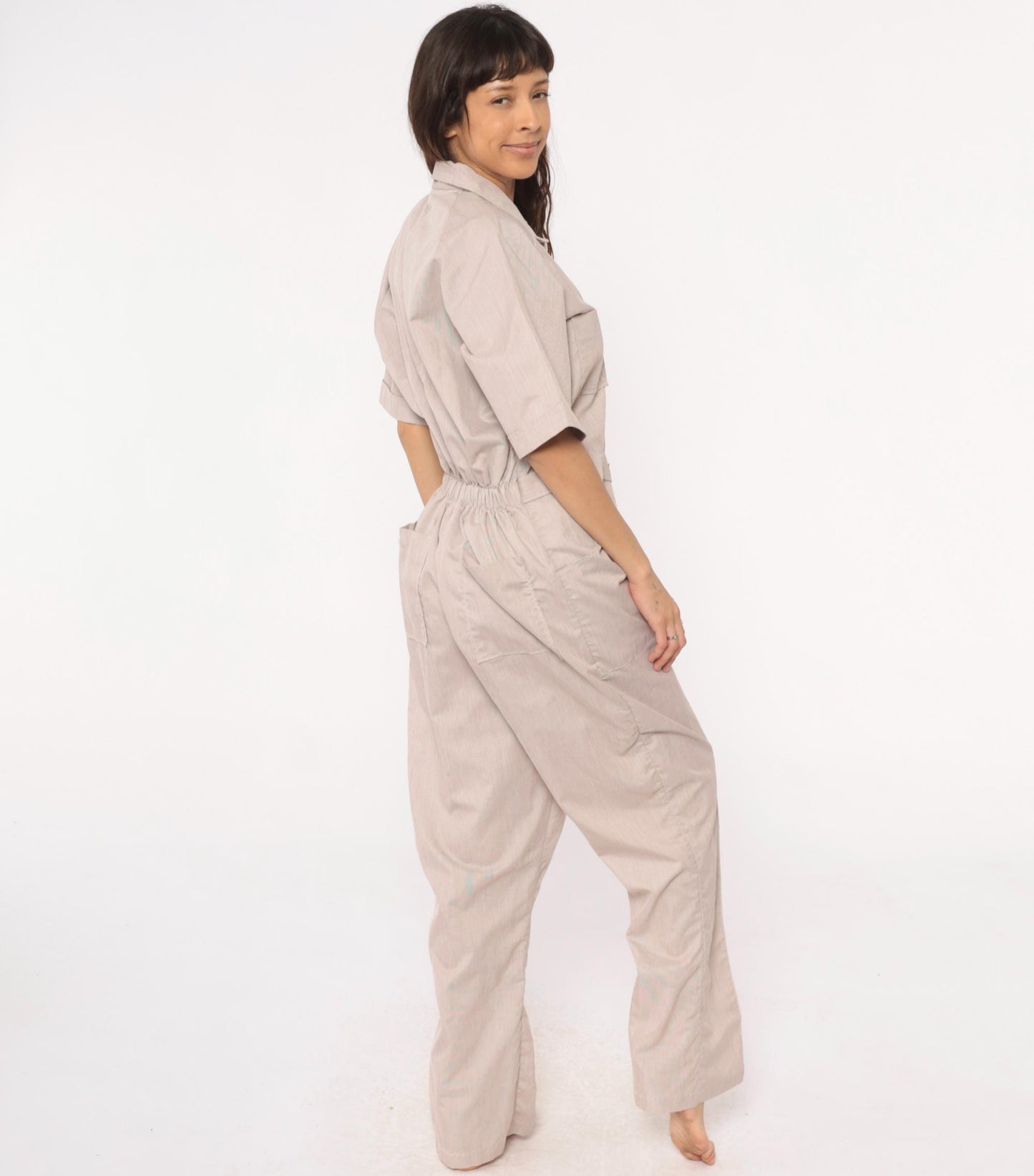 80s Beige Jumpsuit Belted Collared Utility Workwear Coveralls Medium