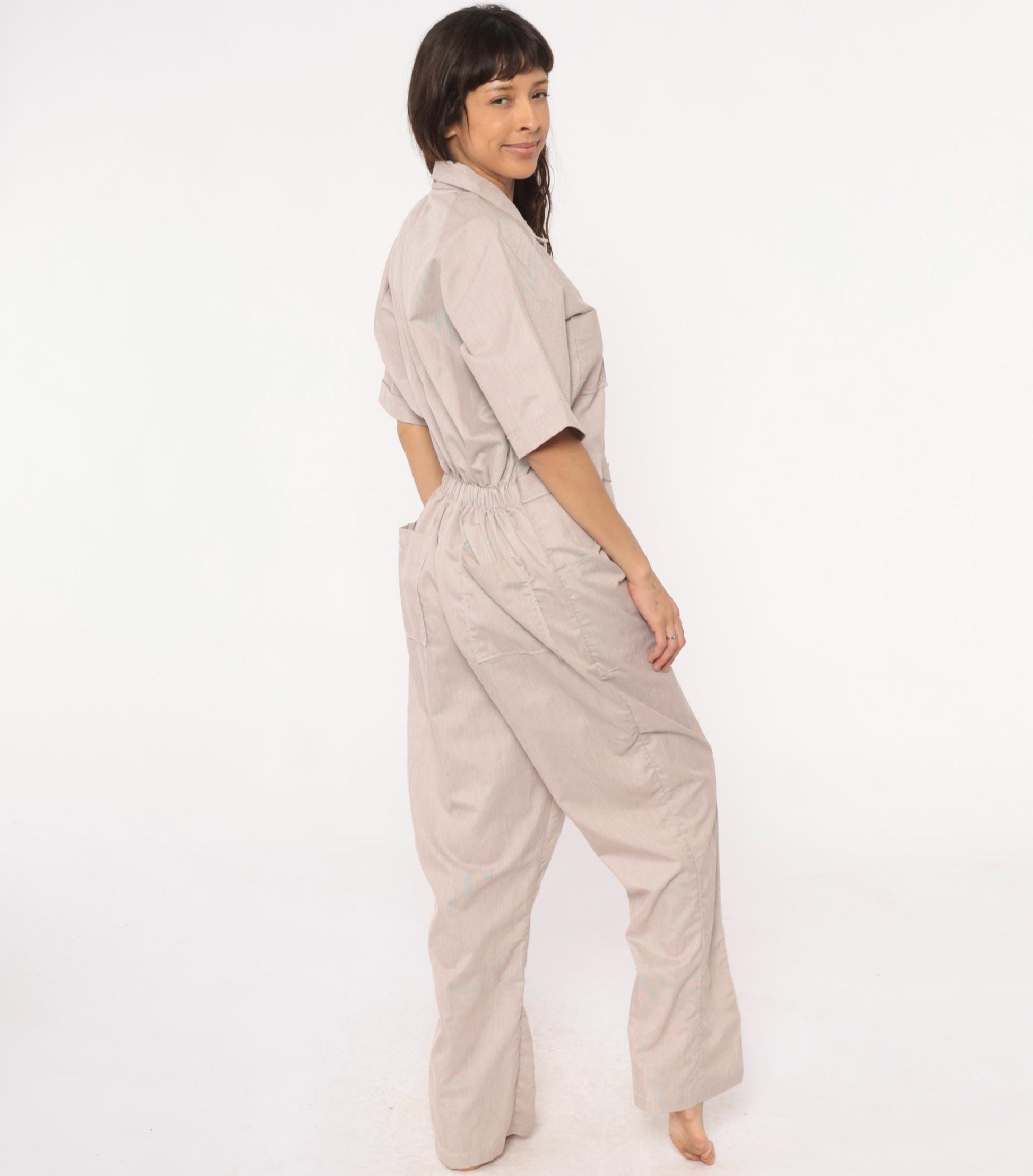 80s Beige Jumpsuit Belted Collared Utility Workwear Coveralls Medium