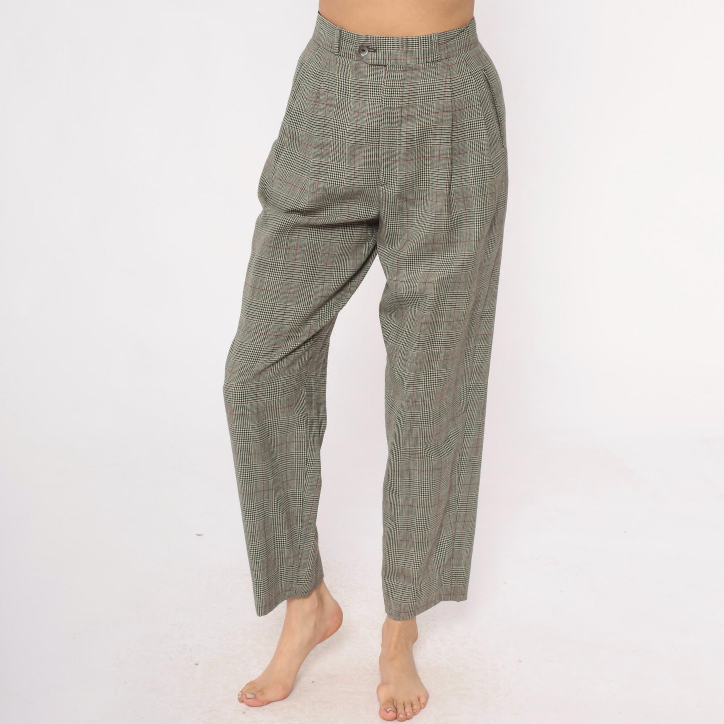 80s Barry Bricken Wool Plaid High-Waisted Trousers Grey Small S