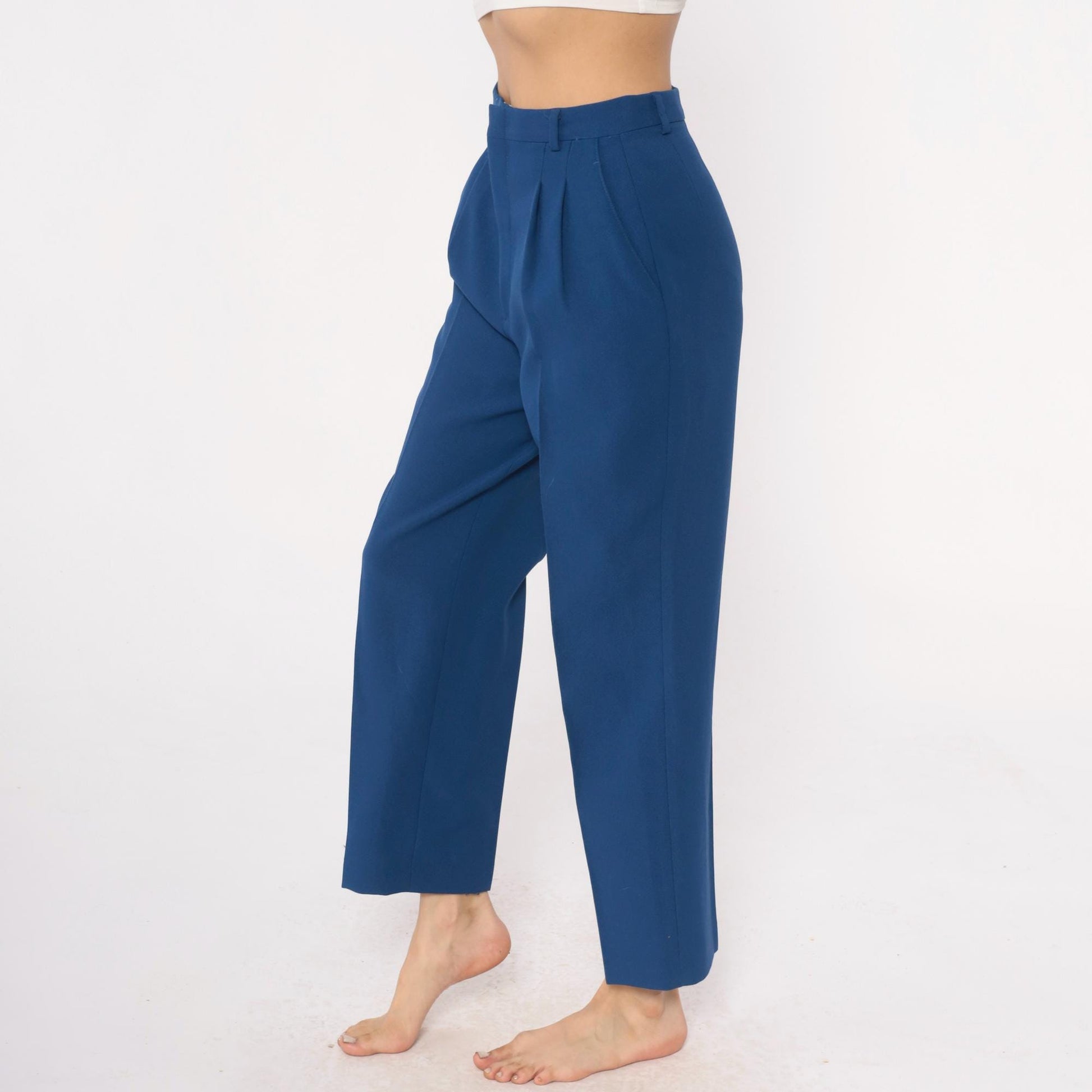 70s Haggar Navy Pleated High-Waist Trousers Ankle Length Medium