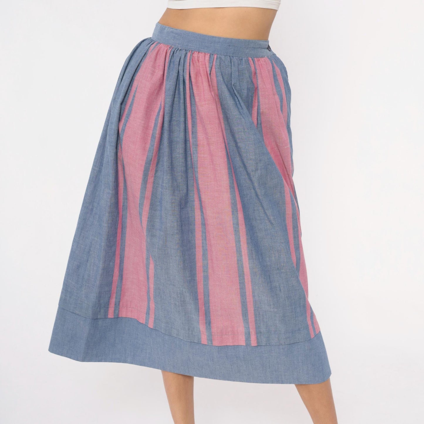 80s Blue Pink Striped Midi Skirt High Waist Gathered Full Skirt Small S