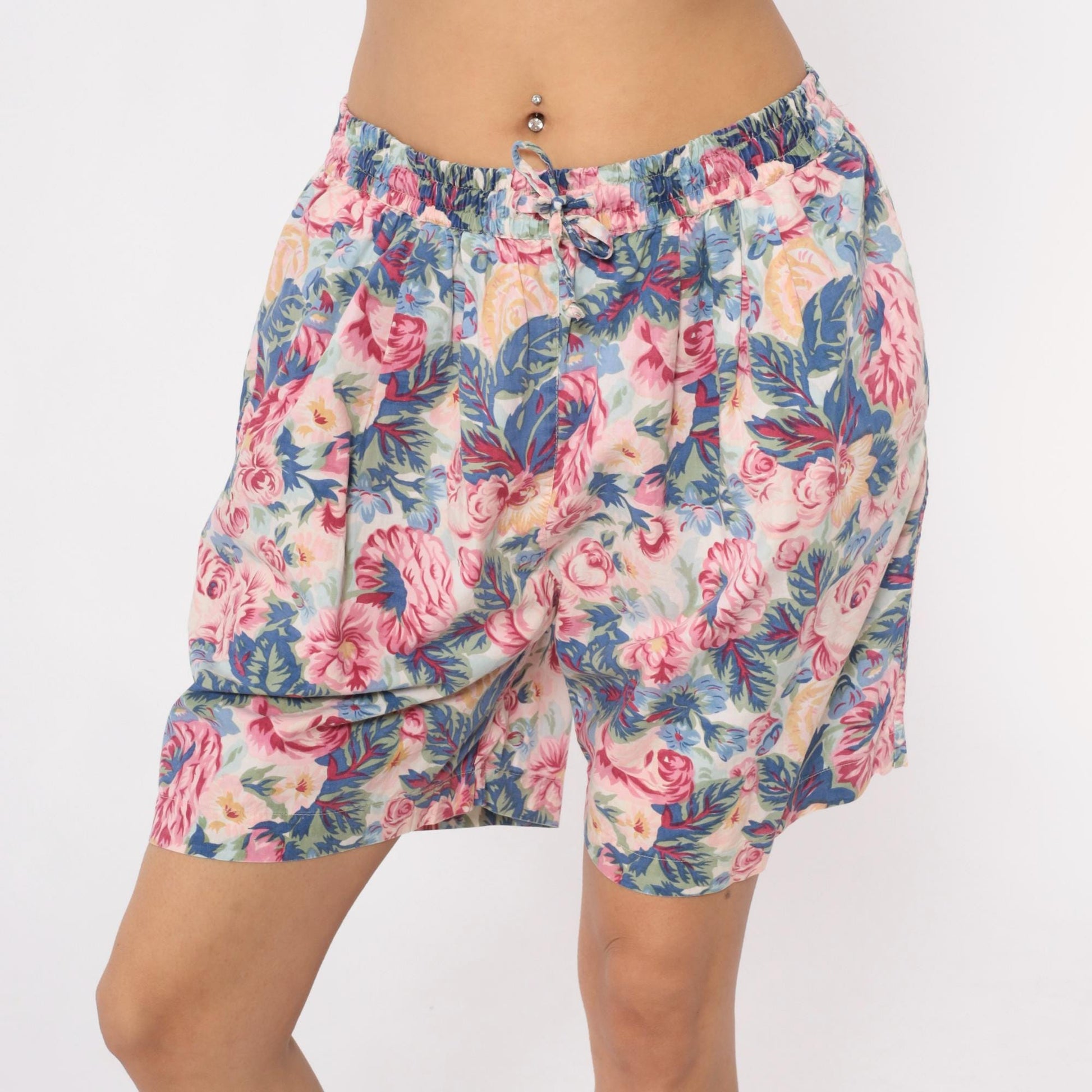 90s Kikimi Sketches Floral Shorts High Waist Wide Leg Cream Cotton Medium M