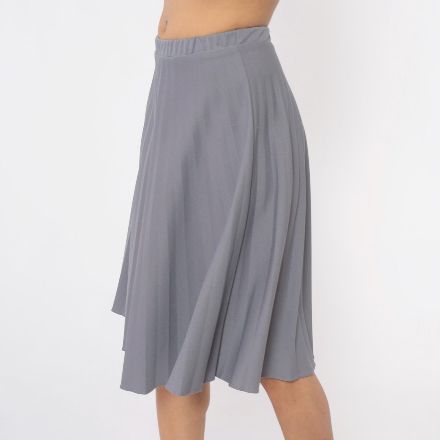 70s Grey Pleated Skirt Elastic Waist Knee-Length A-Line Medium