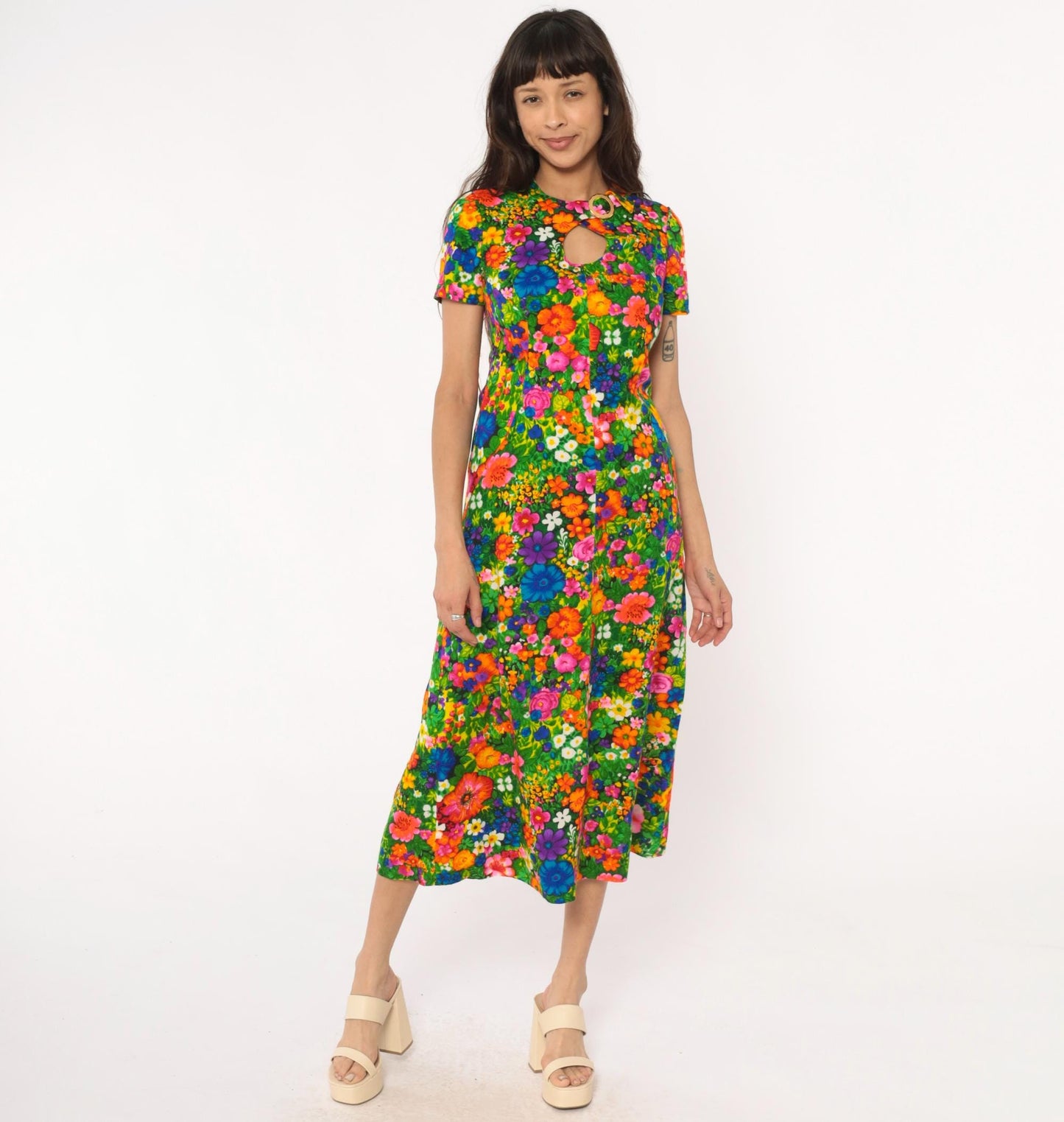 70s Floral Maxi Dress Keyhole Neckline Short Sleeve Cotton Rainbow Small