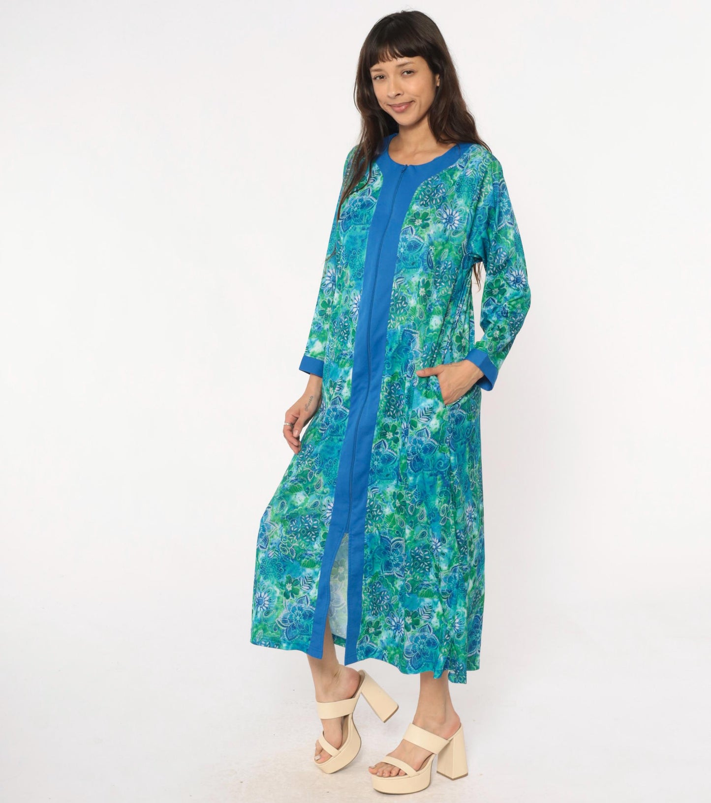90s Botanical Print Maxi Robe Blue Green Zip Front Long Sleeve Medium M