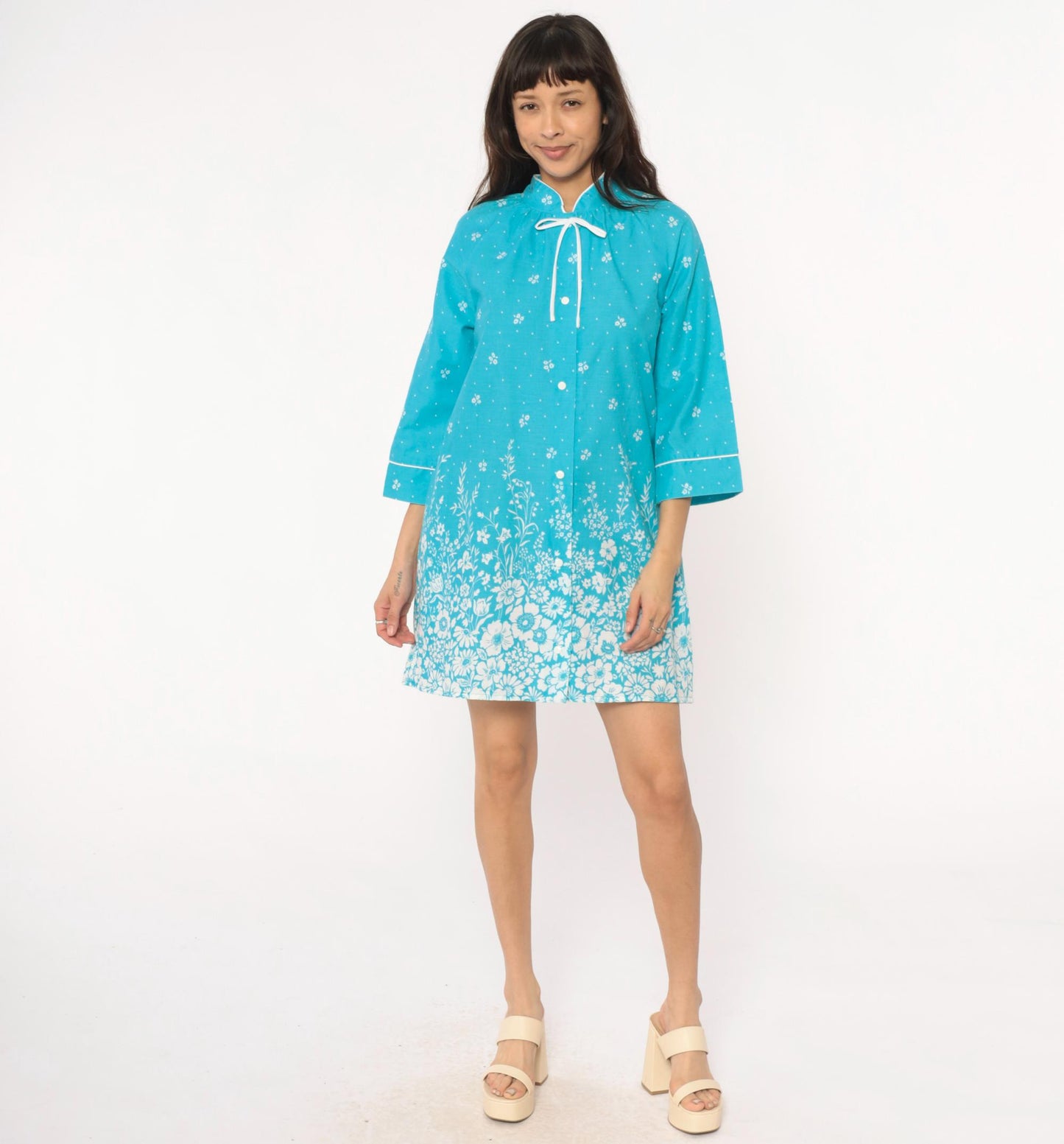 80s Dan Ellen Turquoise Floral Shift Dress Mandarin Collar Small