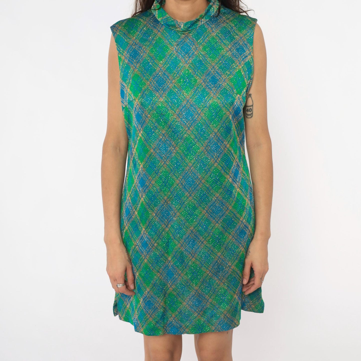 60s Metallic Plaid Shift Dress Blue Green Gold Mock Neck Mini Large L