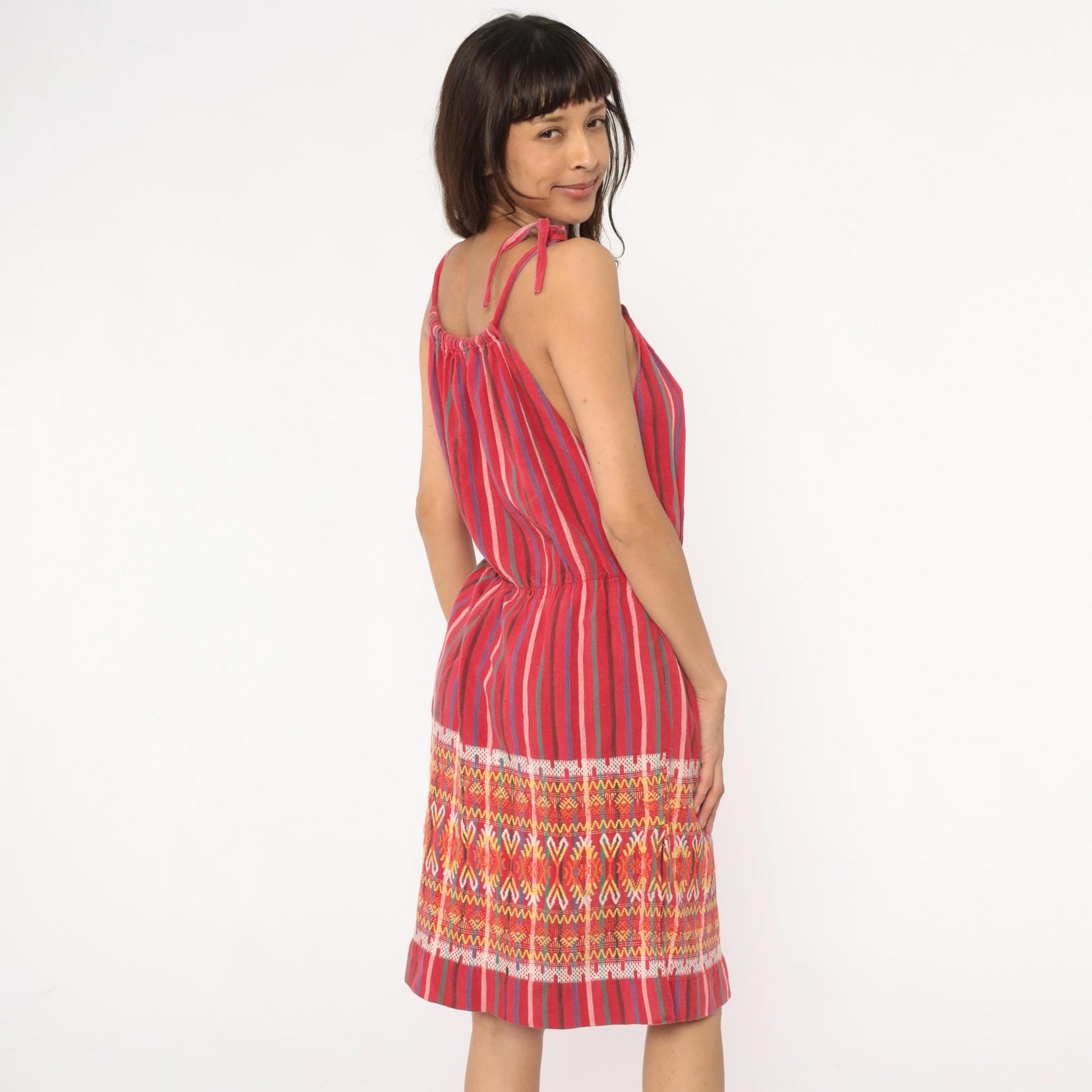 90s Red Striped Cotton Sundress Tribal Ikat Border Tie Strap Large