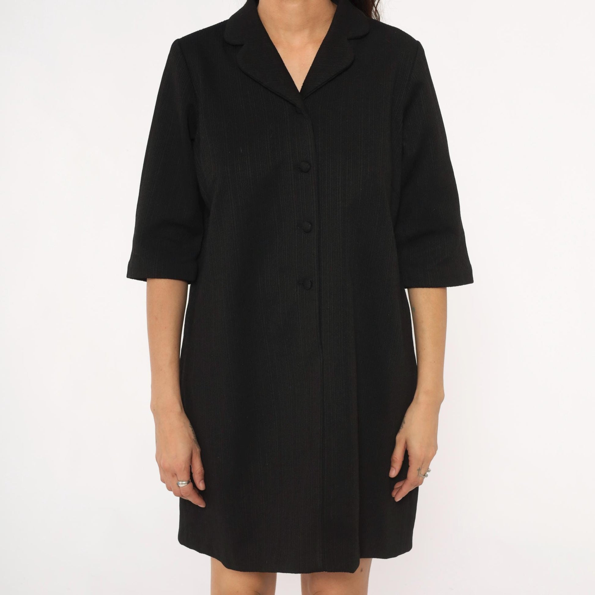 70s Black Shift Dress Button Front Lapel 3/4 Sleeve Knee Length Large