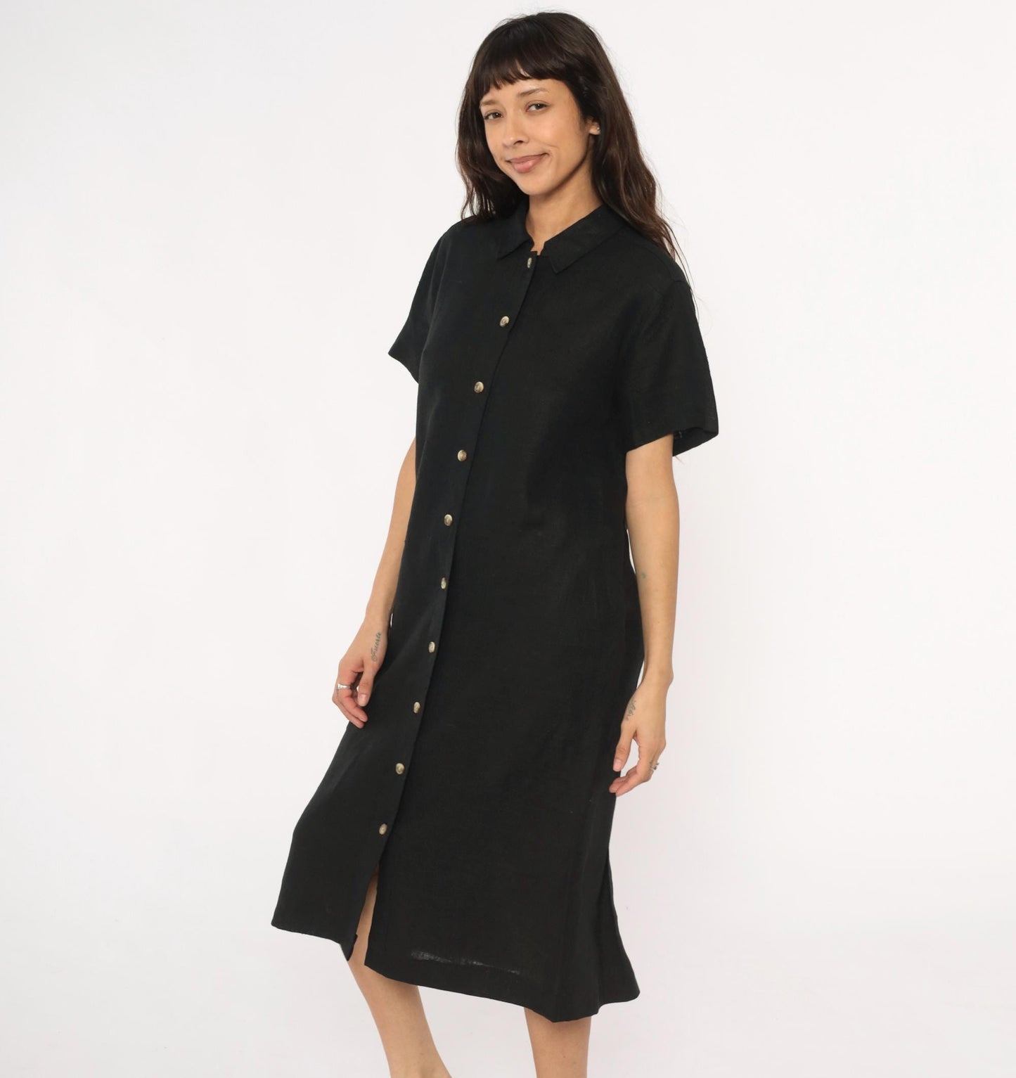 90s Harve Benard Black Linen Midi Shirt Dress Button Front Collar Large L